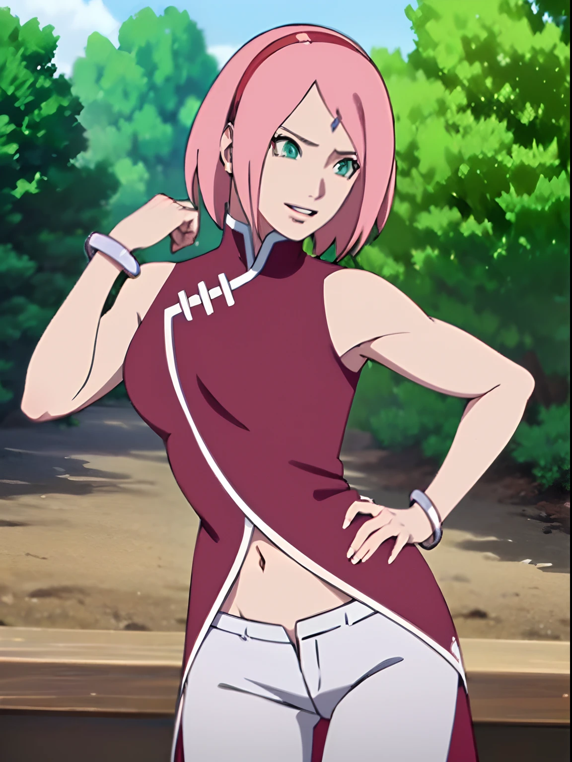 Full body, (masterpiece, 1k, anime style: 1.9, portrait, face shot, professional artwork, detailed bedroom background, intricate details, colorful, digital blending, bold drawing lines), (ultra detailed body, ultra detail hair, ultra detail face), trending on pixiv, kind smile, very hot color, best quality, 1girl, hires, haruno sakura, contrasty lighting, (forehead mark, milf, red hairband, pale skin, short hair, ((red sleeveless dress), white pants), navel, groin, bracelet, looking at viewer, crossed arms, pink hair, green eyes, smile, detailed arms, off-shoulders, muscular arms, standing), 