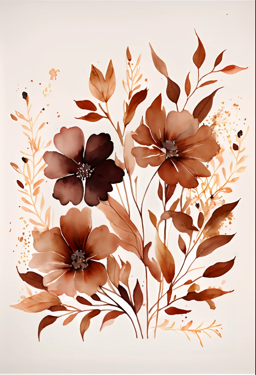 a painting of flowers on a white background with brown leaves, brown flowers, watercolor painting, watercolor painting style, a watercolor painting, water color painting, detailed watercolor painting, water color, botanic watercolors, watercolor ink painting, rich aquarel, watercolored, watercolor colored painting, by Alice Rahon, watercolor, aquarel, water colour, watercolor art on paper