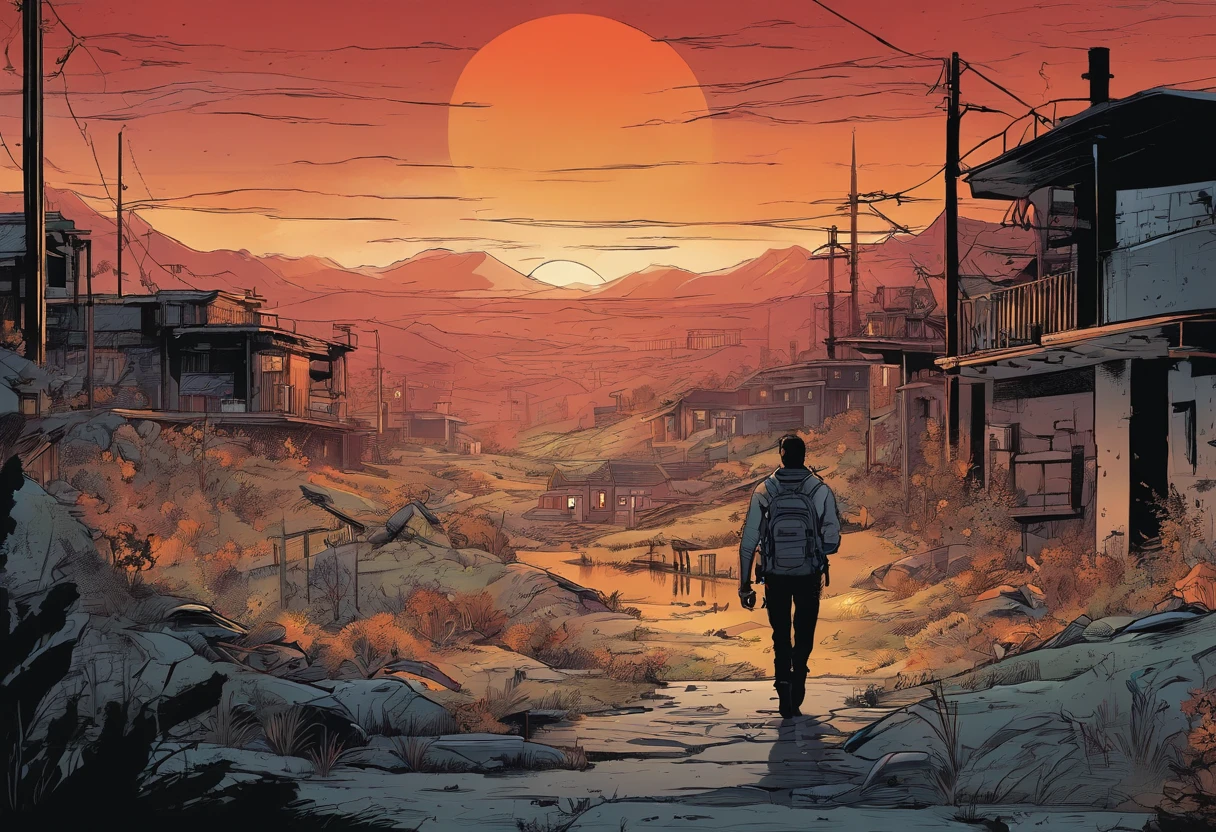 Post-apocalyptic war, tonos de color blanco, ?????, Red and rust colors, sobrevivientes, vegetation, sombras, gloomy atmosphere, oscuridad, ((noche)), amplitud de paisaje, portada de un libro