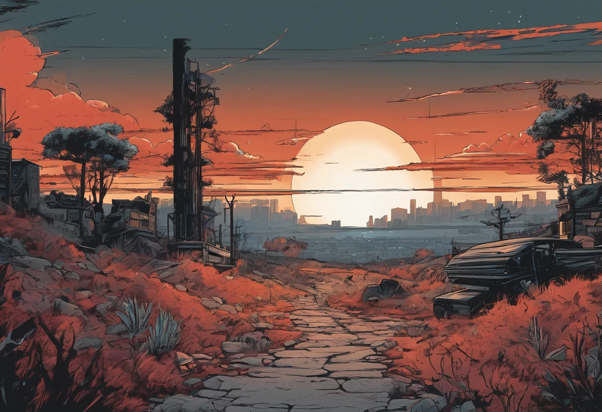 Post-apocalyptic war, tonos de color blanco, negro, Red and rust colors, sobrevivientes, vegetation, sombras, gloomy atmosphere, oscuridad, ((noche)), amplitud de paisaje, portada de un libro