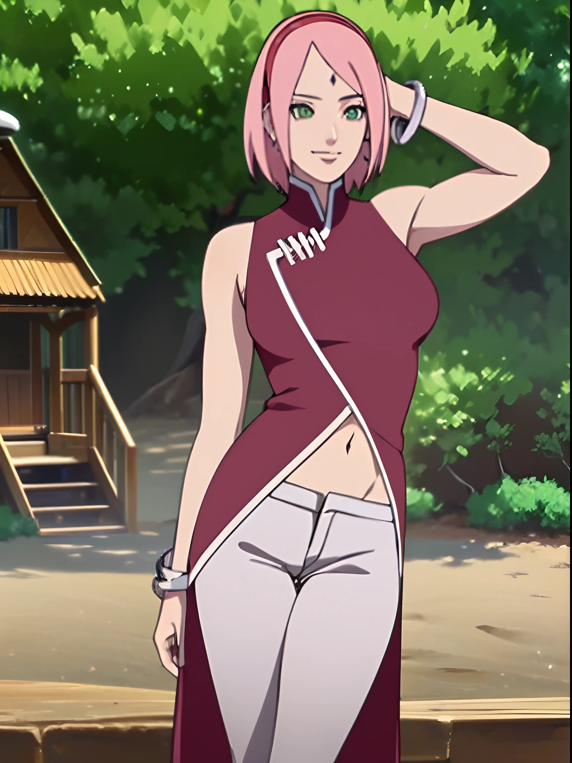 masterpiece, 4k, portrait, cowboy shot, (PLAYGROUND BACKGROUND), professional artwork, intricate details, colorful, digital blending, (ultra detailed body, ultra detail hair, ultra detail face), trending on pixiv, kind smile, best quality, anime style: 1.9, 1girl, hires, haruno sakura, (forehead mark, milf, red hairband, pale skin, (small breasts), short hair, ((red sleeveless dress), white pants), ((navel, belly button), slender body, slender belly, bracelet, pink hair, open mouth, big eyes), smile, beach, wind, floating hair, detailed arms, off-shoulders, broad shoulders, (((both) hands spreading to both sides)), fancy couch, relaxing, laying, talking, looking at the viewer))), (((flexing))), (((ultra detailed arms)))). (((curvy: 1.2)))