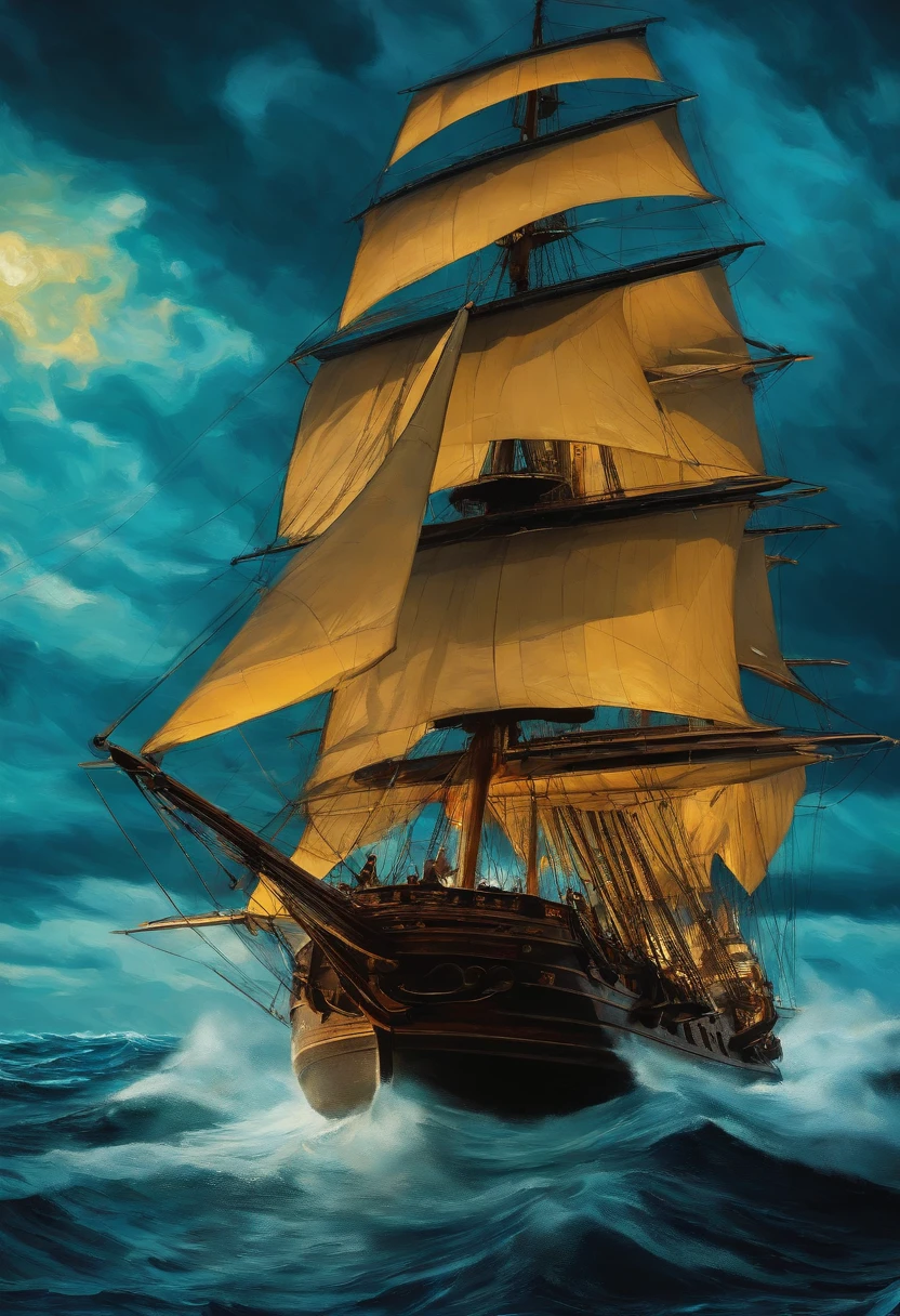 Queen Ann Revenge sailing in Atlantic ocean , Van Gogh style.