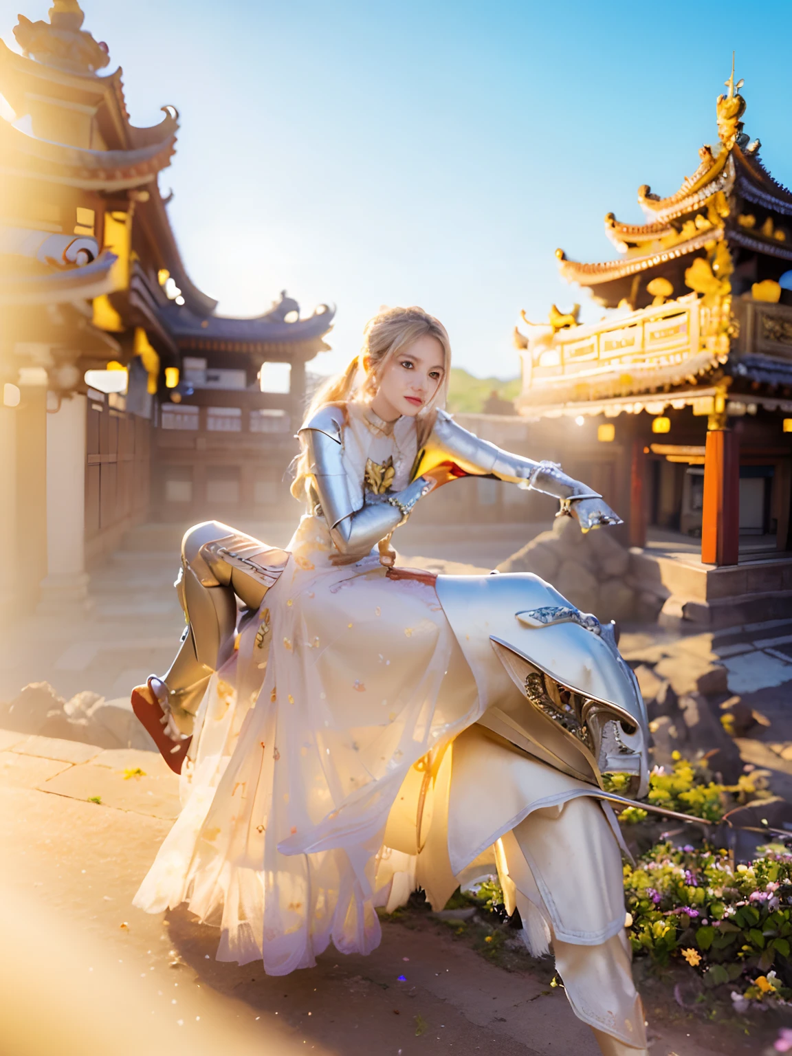 (8K, best quality:1.2), (masterpiece:1.37), (photo, photorealistic:1.37), (ultrahigh-res), half body, walking pose, shot from front, slow motion, female paladin wearing the full body, (light silver armour:1.2),(ornately decorated armor), (insanely detailed, bloom:1.5), (highest quality, Alessandro Casagrande, Greg Rutkowski, Sally Mann, concept art, 4k), (analog:1.2), (high sharpness), (detailed pupils:1.1), detailed face and eyes, Masterpiece, best quality, (highly detailed photo:1.1), (long blonde Hair, ponytail,ecstatic:1.1), (young woman:1.1), sharp, (perfect body:1.1), realistic, real shadow, 3d, (temple background:1.2), arms crossed over the chest
photographed by Canan EOS R6, 135mm, 1/1250s, f/2.8, ISO 400