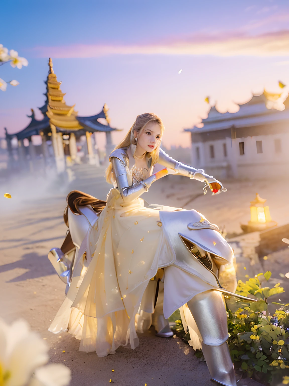 (8K, best quality:1.2), (masterpiece:1.37), (photo, photorealistic:1.37), (ultrahigh-res), half body, walking pose, shot from front, slow motion, female paladin wearing the full body, (light silver armour:1.2),(ornately decorated armor), (insanely detailed, bloom:1.5), (highest quality, Alessandro Casagrande, Greg Rutkowski, Sally Mann, concept art, 4k), (analog:1.2), (high sharpness), (detailed pupils:1.1), detailed face and eyes, Masterpiece, best quality, (highly detailed photo:1.1), (long blonde Hair, ponytail,ecstatic:1.1), (young woman:1.1), sharp, (perfect body:1.1), realistic, real shadow, 3d, (temple background:1.2), arms crossed over the chest
photographed by Canan EOS R6, 135mm, 1/1250s, f/2.8, ISO 400