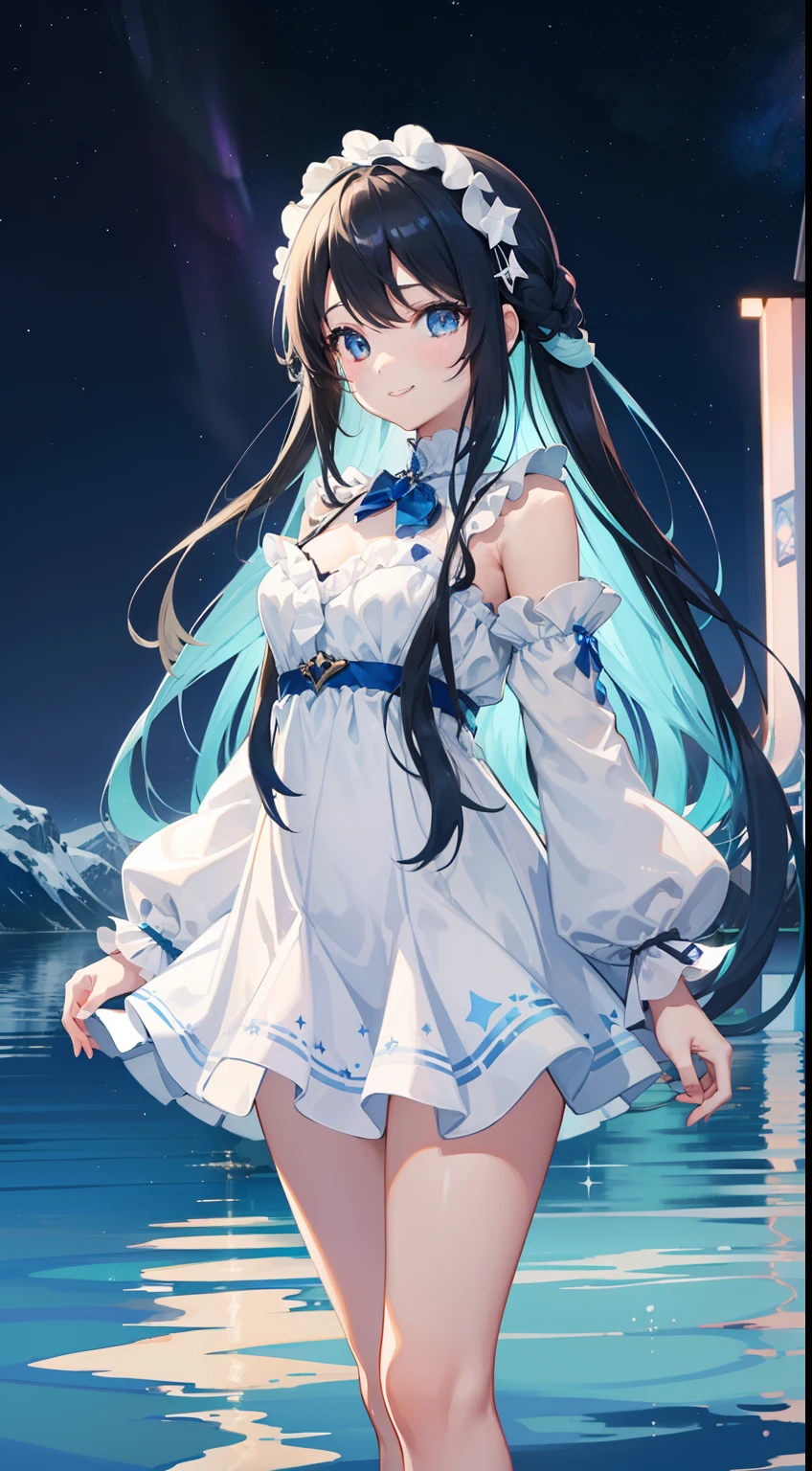A cute idol girl a smile Light blue long hair Black eyes White and blue long dress、Standing on the surface of the lake。Starry sky with beautiful aurora borealis、Fantastic night scenery、Illuminate the surface of the lake。Moonlight。Face Highlights。