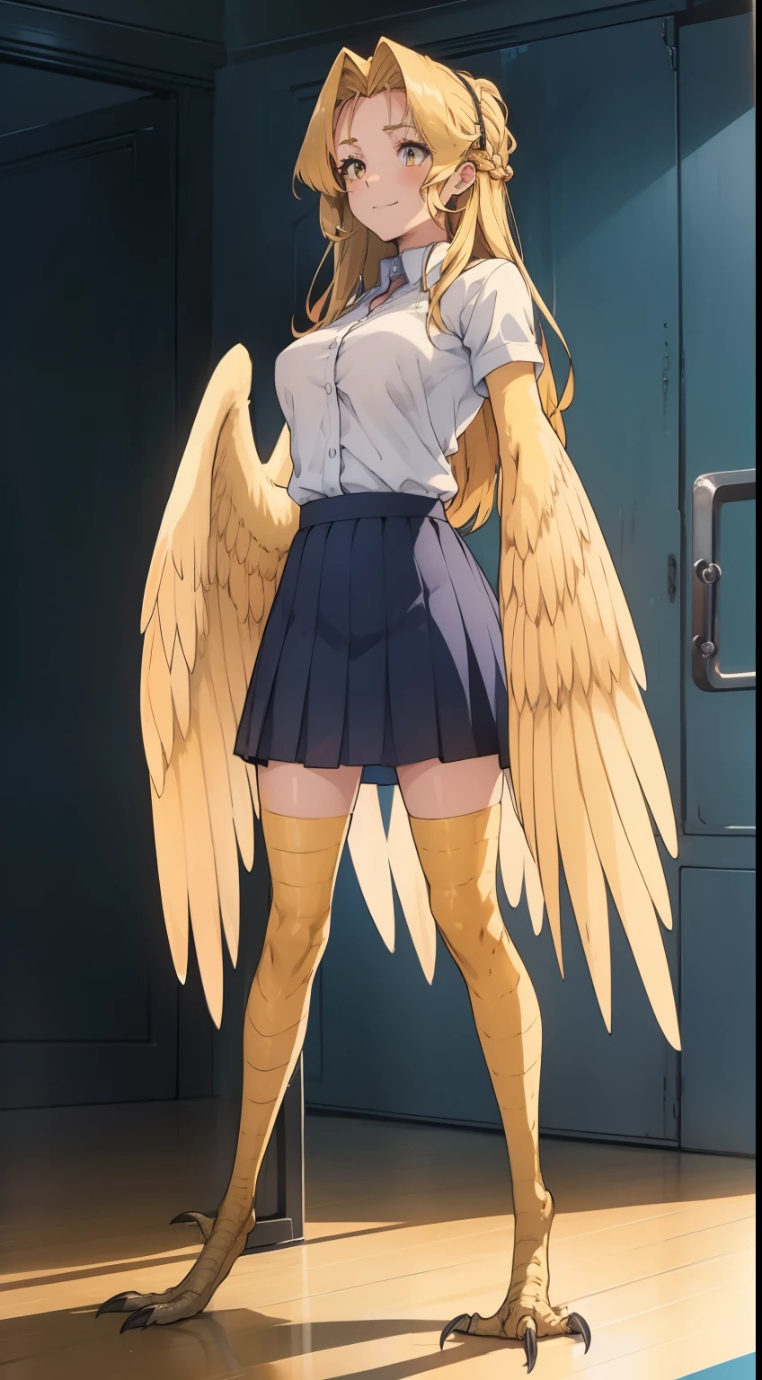 1woman,solo,40s,happy face,shirt, skirt,medium tits, blonde hair,long hair,yellow eyes,harpy, blonde wings,claws,standing in the room, no arms