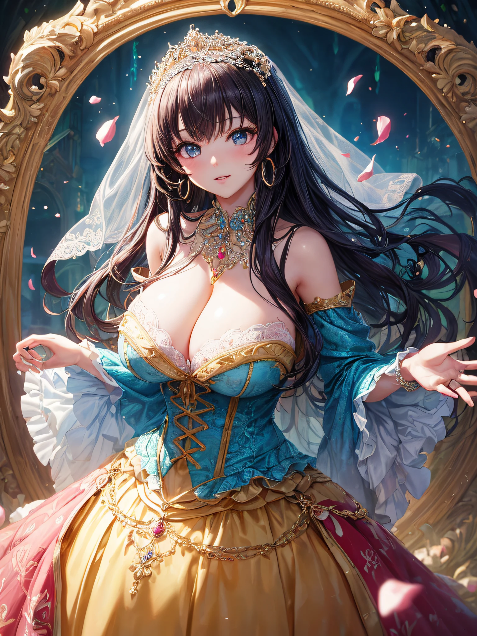 (masterpiece, best quality,extremely detailed:1.1),(moe anime art style:1.2),1girl,((full body)),((solo)), cute, kawaii,digital art,((1 bling-bling anime princess wearing beautiful embroidery and jeweled ruffled gorgeous princess ballgown with voluminous full length hoop skirt)),((crinoline)),long train,voluminous frills,(gorgeous embroidery and beautiful lace),((very gigantic boobs,skindentation)),cleavage,shiny hair,(((very long straight hair))),((finely detailed face and eyes)),clear pupil,extremely gorgeousfull hair ornament,(bling-bling jeweled extremely gorgeousfull tiara),(bling-bling gorgeous gemstone jewelry),long veil,beautiful background,fantasy background,flowers,flower petals flowing,full body,((beautiful embroidery and jeweled ruffled gorgeous princess ballgown with voluminous full length hoop skirt))