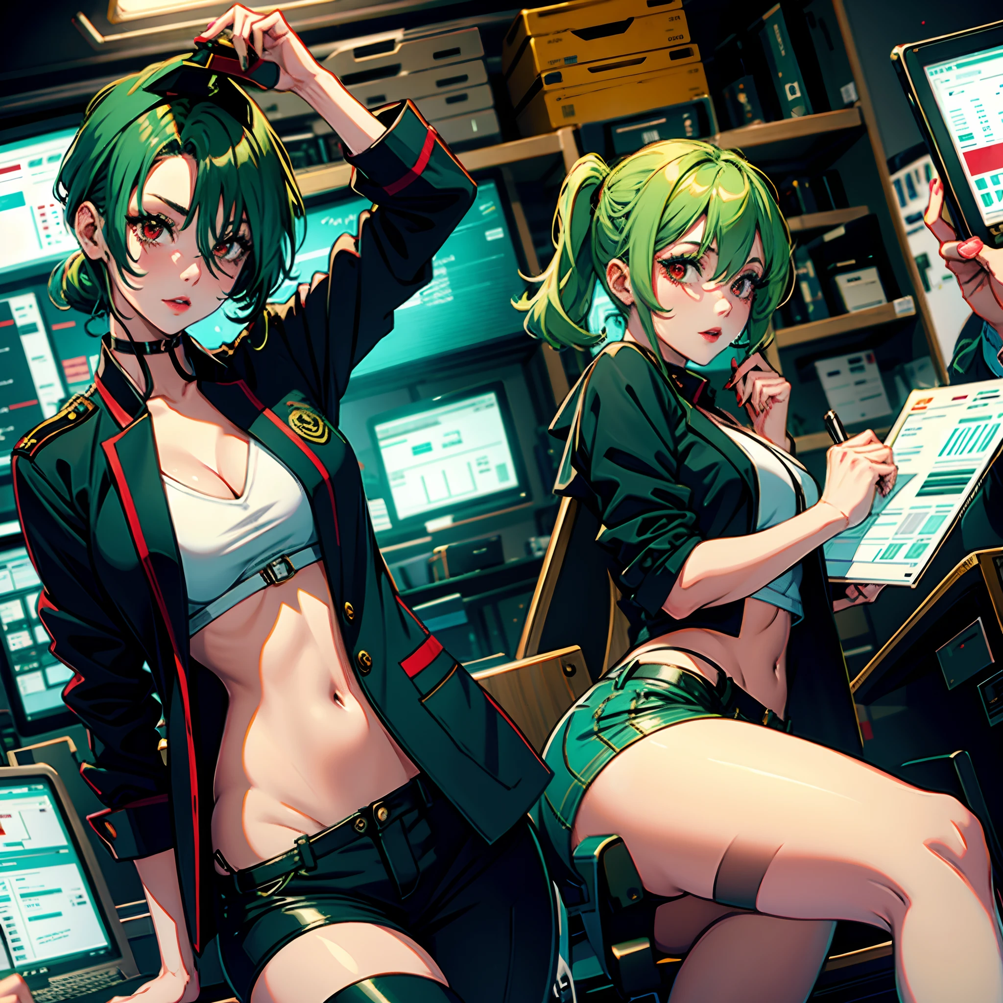 Gorgeous woman with green hair and red eyes trades in office charts