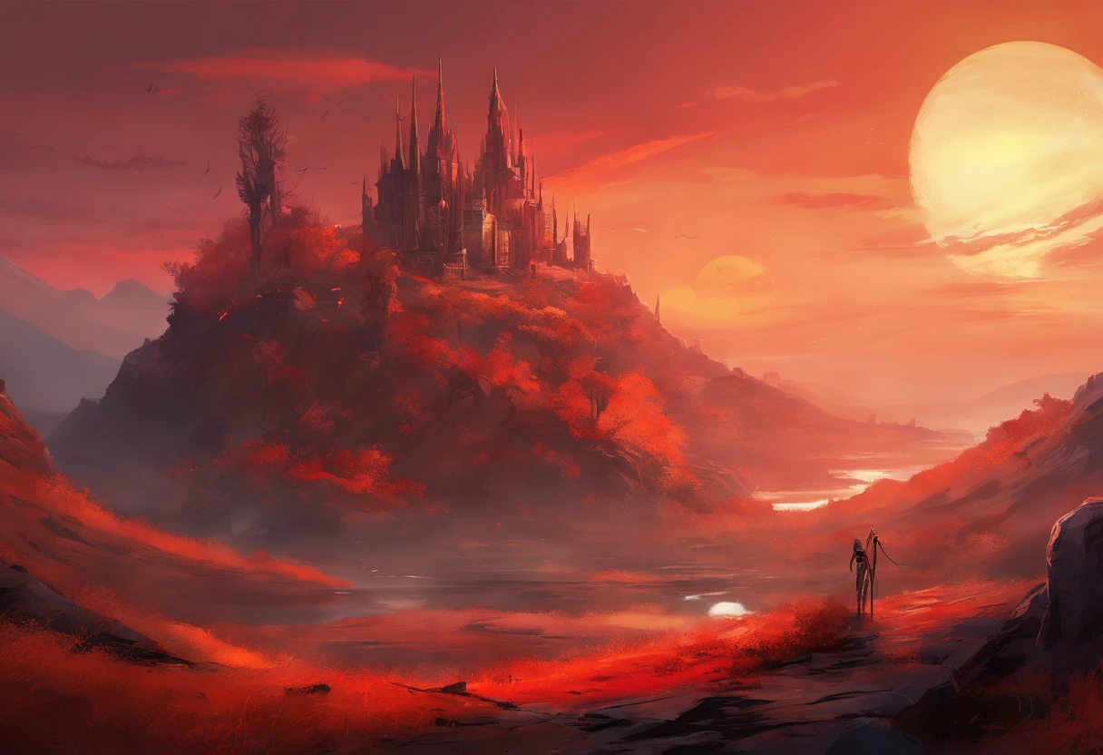 Post-apocalyptic war, tonos de color blanco, negro, Red and rust colors, sobrevivientes, vegetation, sombras, gloomy atmosphere, oscuridad, ((noche)), amplitud de paisaje, portada de un libro