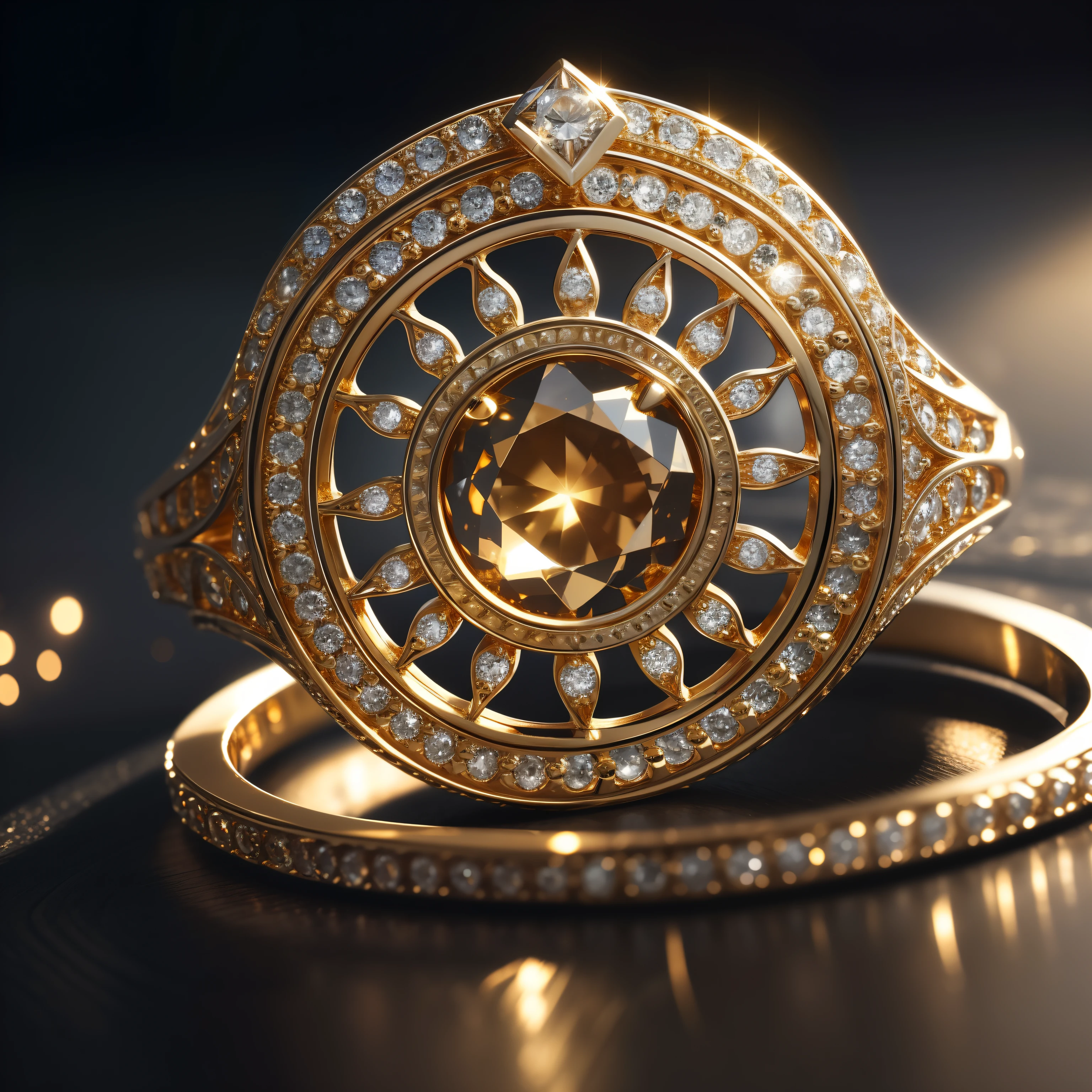Dazzling ring,Close-up of details,(Draw the complete structure of the ring:1.3),(The ring is displayed independently:1.2), Finely cut pyramid-shaped crystal diamond,African blood diamonds,(Yellow gold ring:1.3),Metal inlay,(Very detailed diamond structure),(Exquisite diamonds),Silvery-white sparkling,The ring is engraved with ancient and delicate mysterious patterns,(The ring is depicted in detail),Dazzling light,Elevation viewing angle,In the background is a luxurious medieval bedroom,The bedroom has a layered depth of field effect,(Don't show people:1.3),(light and shadow effect),(Depth of field effect),(Tyndall),(Light particle tracing),(CG),(Cinematic lighting visuals),(Volumetriclighting),(Unreal 5),(cinema4d),(vivd colour),(Obvious layers),(Photography Award),(8k wallpaper),(Masterpiece),(best qualtiy), photorealestic,realisticlying