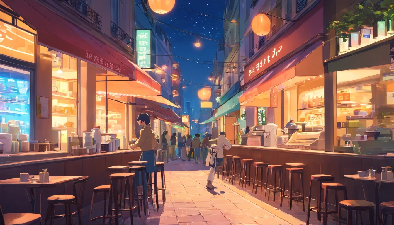 Lo-Fi Coffee,resturant, moderno, Paris, city, noite, neon, placa, loja, 2023, cool angle pov