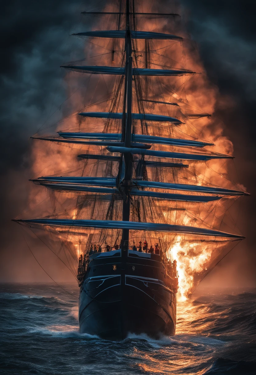 Navio explodindo no meio do mar a noite, a lot of smoke and fire you can hardly even see the ship, 4 fogos de artificio explodindo junto