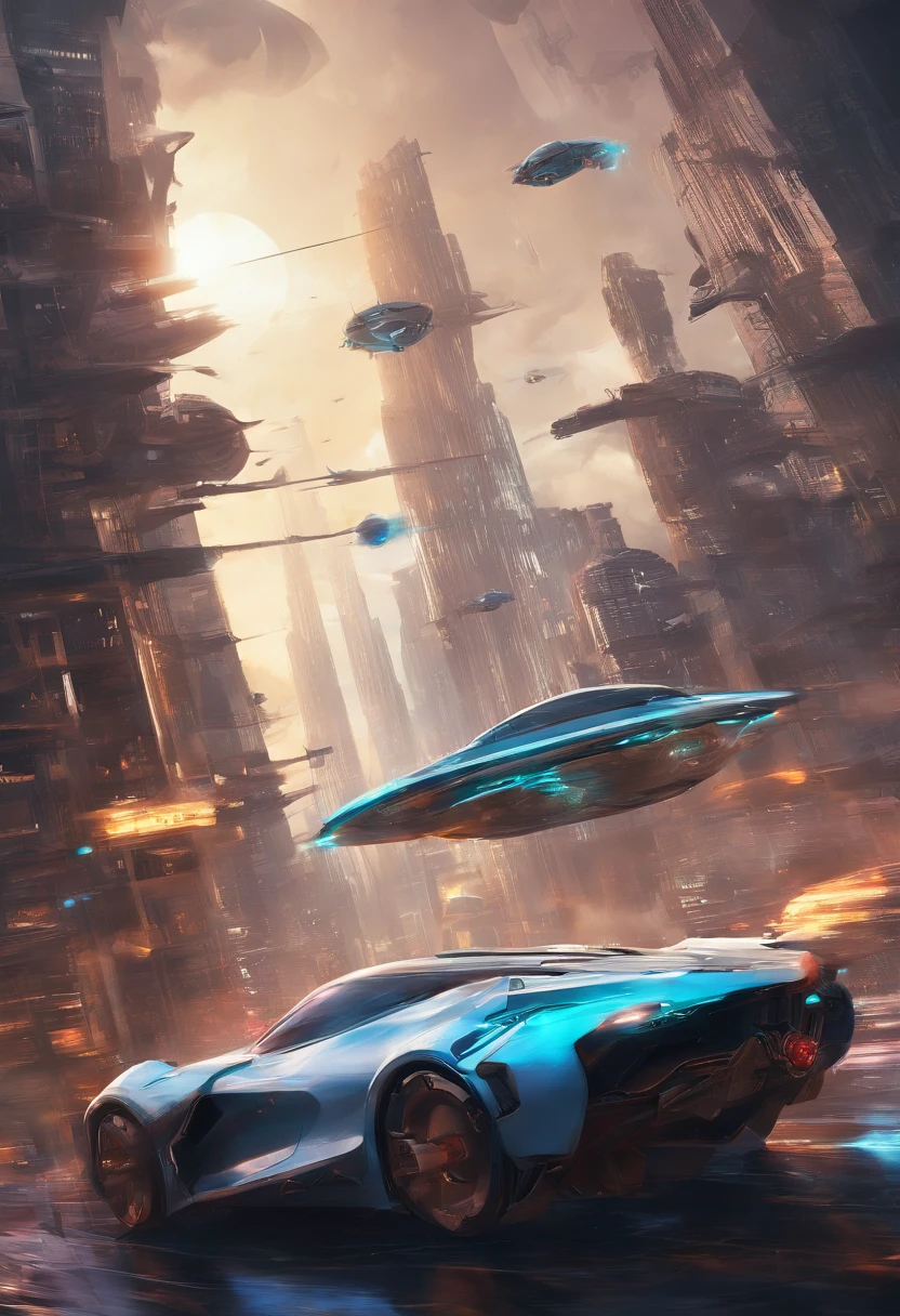 Science fiction book city,Cars fly in the sky,The feeling of a city in the sky,spaceship,Blue drop,k hd