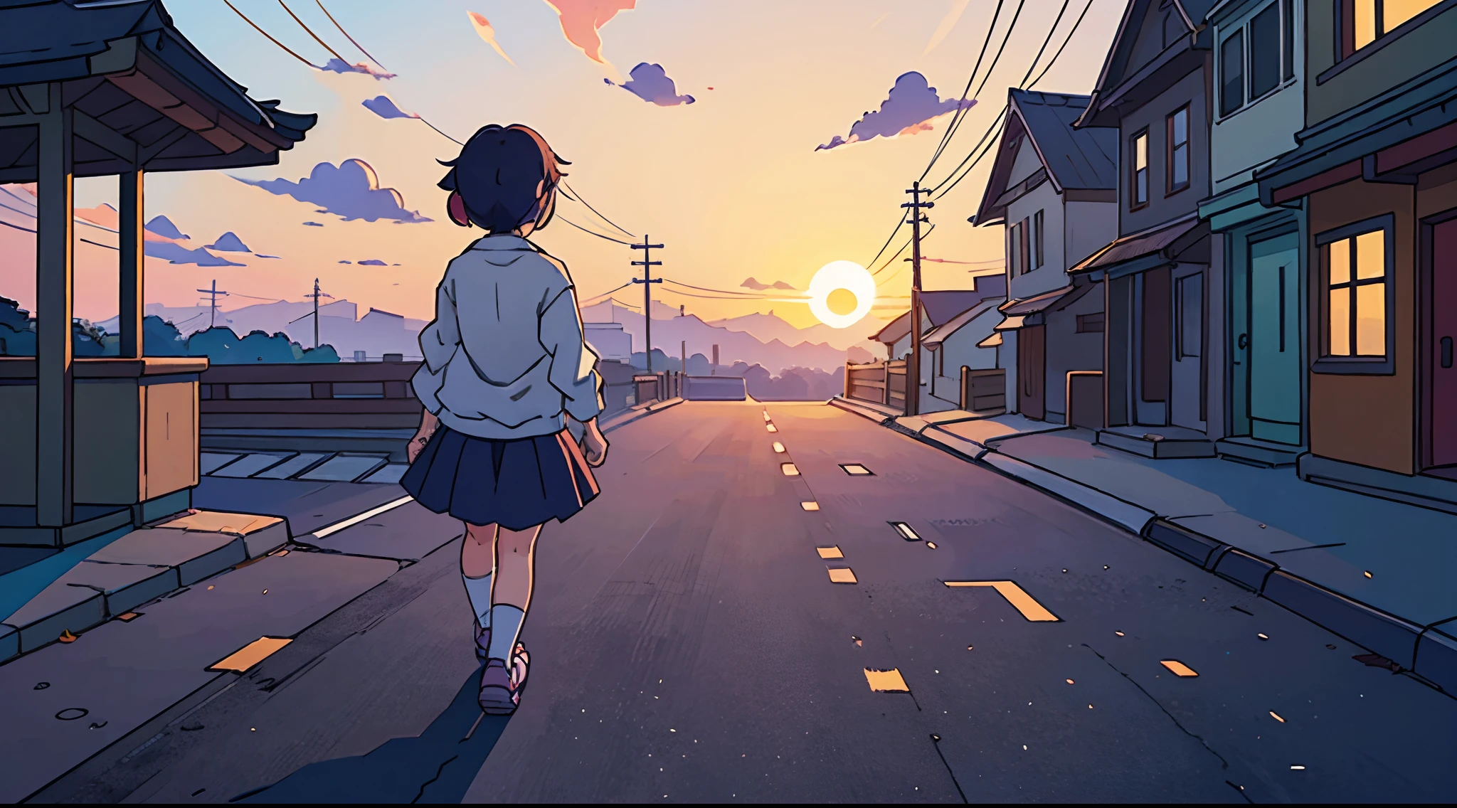 (top-quality:0.8)、(top-quality:0.8)、perfect anime illustration、Little girl with her back turned walks down the street、Beautiful sunset、cute little