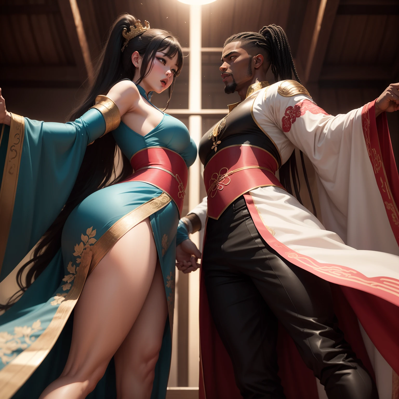 A tall black African muscular man vs a queen in Hanfu,mixed gender duel,Orgasmic face,from below,