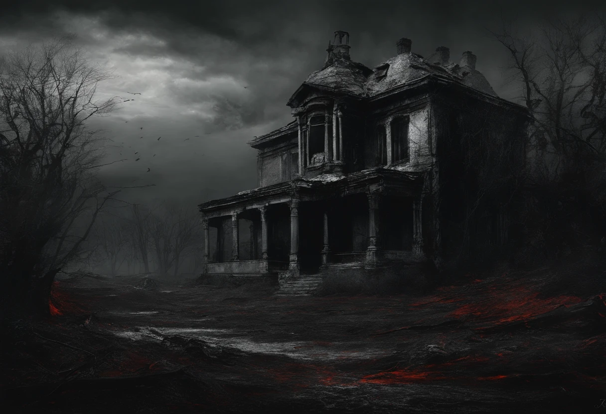 Post-apocalyptic war, tonos de color blanco, negro, Red and rust colors, sobrevivientes, vegetation, sombras, gloomy atmosphere, oscuridad, ((noche)), amplitud de paisaje, portada de un libro