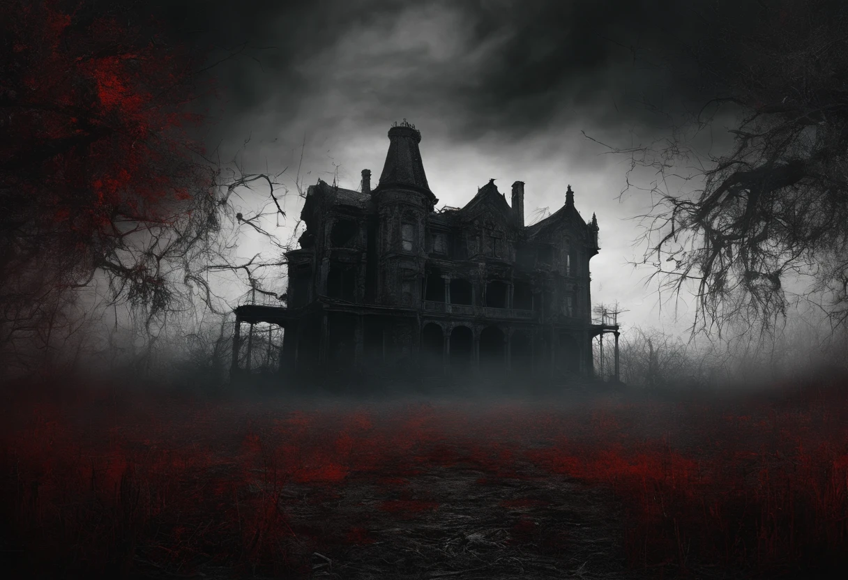 Post-apocalyptic war, tonos de color blanco, negro, Red and rust colors, sobrevivientes, vegetation, sombras, gloomy atmosphere, oscuridad, ((noche)), amplitud de paisaje, portada de un libro