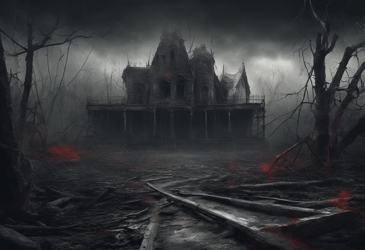 Post-apocalyptic war, tonos de color blanco, ?????, Red and rust colors, sobrevivientes, vegetation, sombras, gloomy atmosphere, oscuridad, ((noche)), amplitud de paisaje, portada de un libro