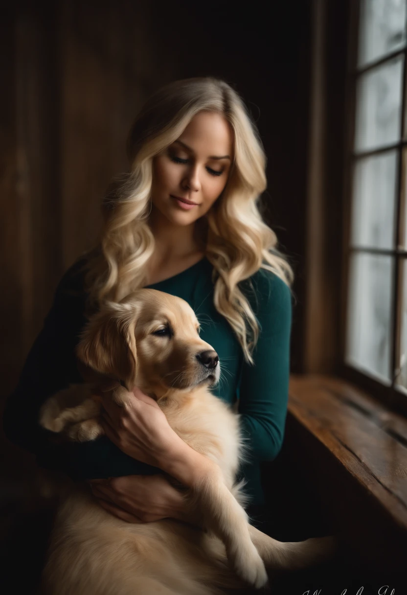 blonde, holding a golden retriever puppy