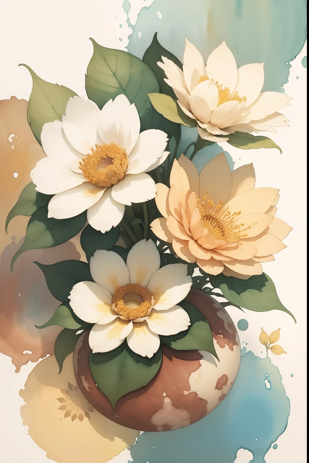 a painting of flowers on a white background with brown leaves, a watercolor painting by Alice Rahon, pinterest, baroque, brown flowers, watercolor painting, watercolor painting style, water color painting, detailed watercolor painting, water color, botanic watercolors, watercolor ink painting, rich aquarel, watercolored.