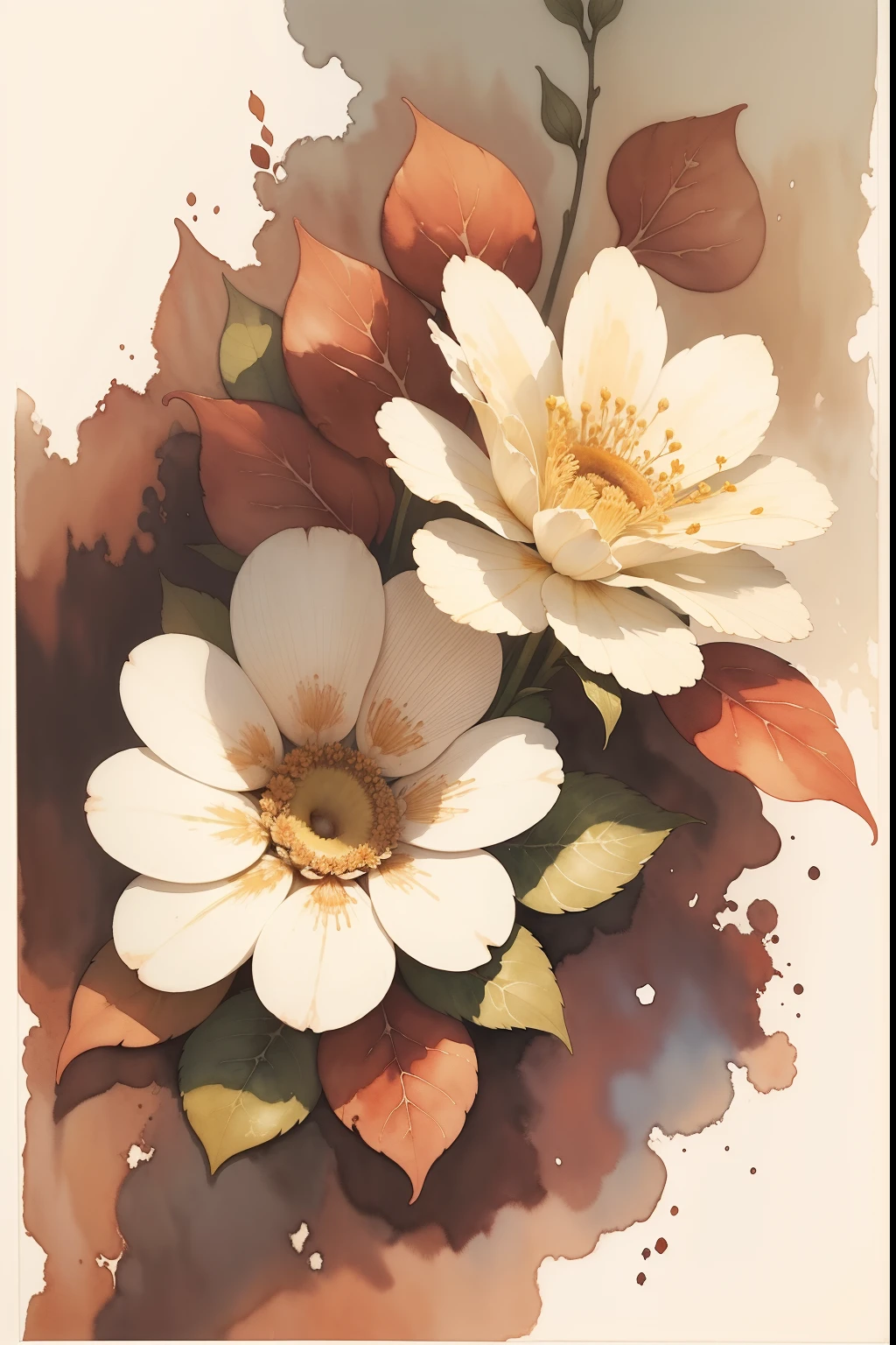 a painting of flowers on a white background with brown leaves, a watercolor painting by Alice Rahon, pinterest, baroque, brown flowers, watercolor painting, watercolor painting style, water color painting, detailed watercolor painting, water color, botanic watercolors, watercolor ink painting, rich aquarel, watercolored.