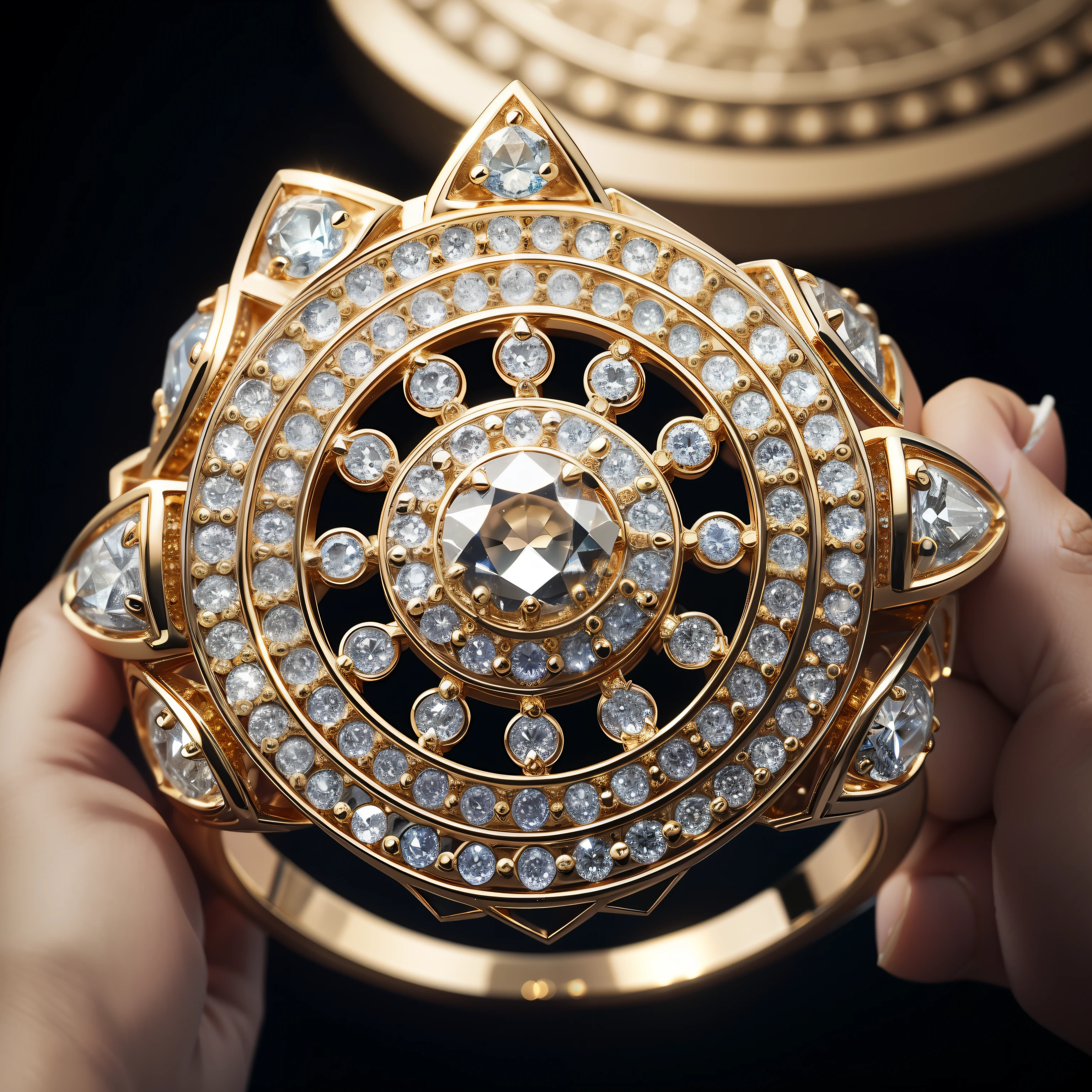 Dazzling ring,Close-up of details,(Draw the complete structure of the ring:1.3),(The ring is displayed independently:1.2), Finely cut pyramid-shaped crystal diamond,African blood diamonds,(Yellow gold ring:1.3),Metal inlay,(Very detailed diamond structure),(Exquisite diamonds),Silvery-white sparkling,The ring is engraved with ancient and delicate mysterious patterns,(The ring is depicted in detail),Dazzling light,Elevation viewing angle,In the background is a luxurious medieval bedroom,The bedroom has a layered depth of field effect,(Don't show people:1.3),(light and shadow effect),(Depth of field effect),(Tyndall),(Light particle tracing),(CG),(Cinematic lighting visuals),(Volumetriclighting),(Unreal 5),(cinema4d),(vivd colour),(Obvious layers),(Photography Award),(8k wallpaper),(Masterpiece),(best qualtiy), photorealestic,realisticlying