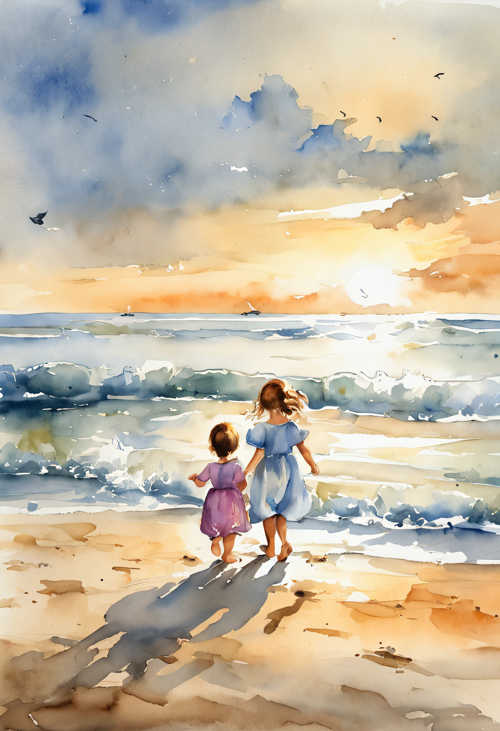 Painting of two girls walking on the beach at sunset - SeaArt AI