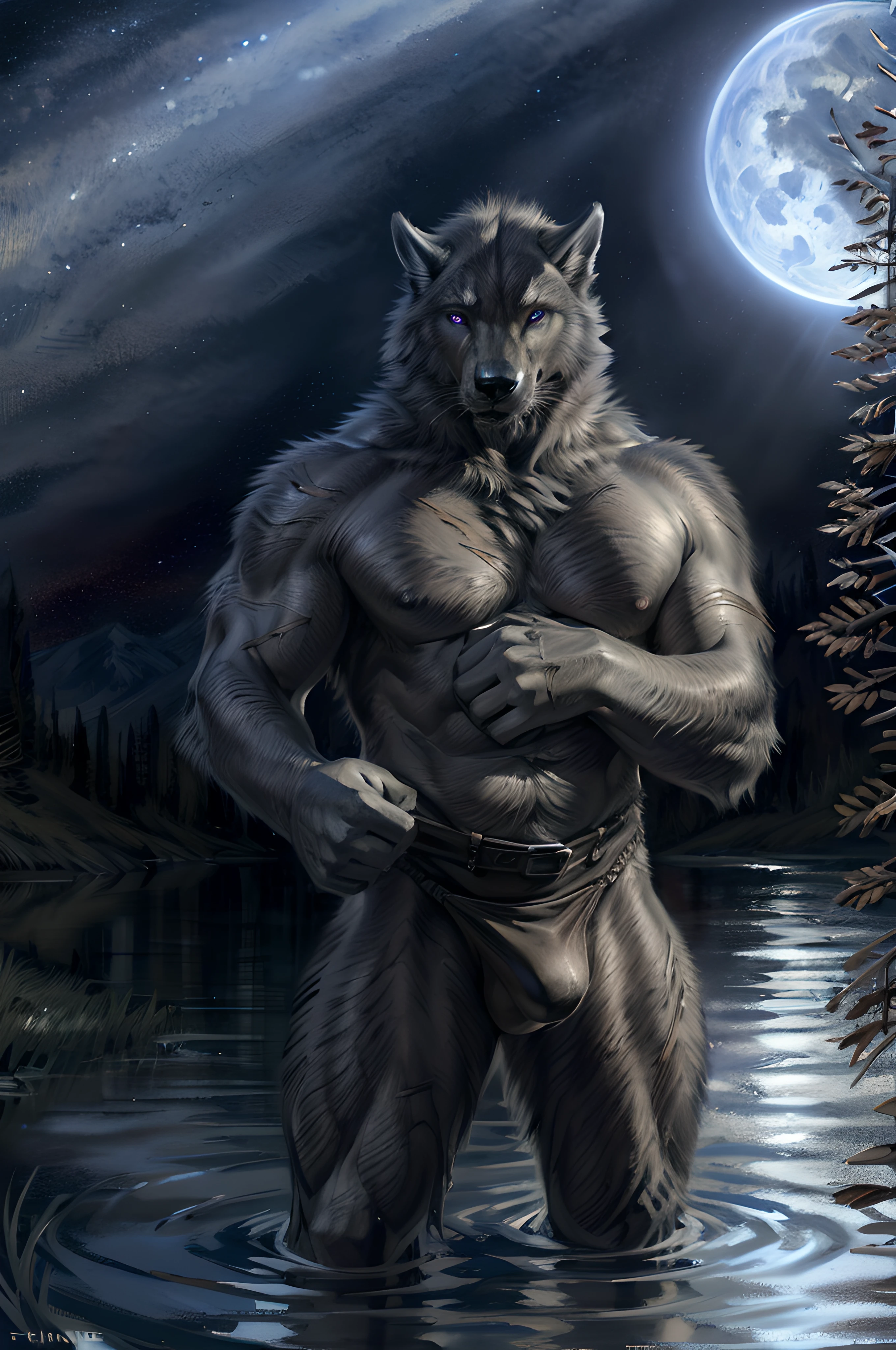 blaidd, in partial shadows, standing in clear water, stripping underwear. 4k, high resolution, best quality, perfect colors, perfect shadows, perfect lighting, posted on e621, furry body, solo, male, adult, bare chest, masculine, (very muscular, buff, heavyweight, strong chest:1.2), correct anatomy, (photorealistic fur, detailed fur, epic, masterpiece:1.2), (dark fantasy world background, black sky, night, purple full moon, small lake, steam), (by Taran Fiddler, by Chunie, by Rukis, by wfa:1.2), (black leather underwear, loose open belt:1.2), (detailed eyes, purple eyes:1.2), (full body:1.5), serious face, strong, (large scars on body:1.1), (veins, vascular:1.2), proud, soft shadows, looking at viewer, messy fur, mouth slightly open, suggestive