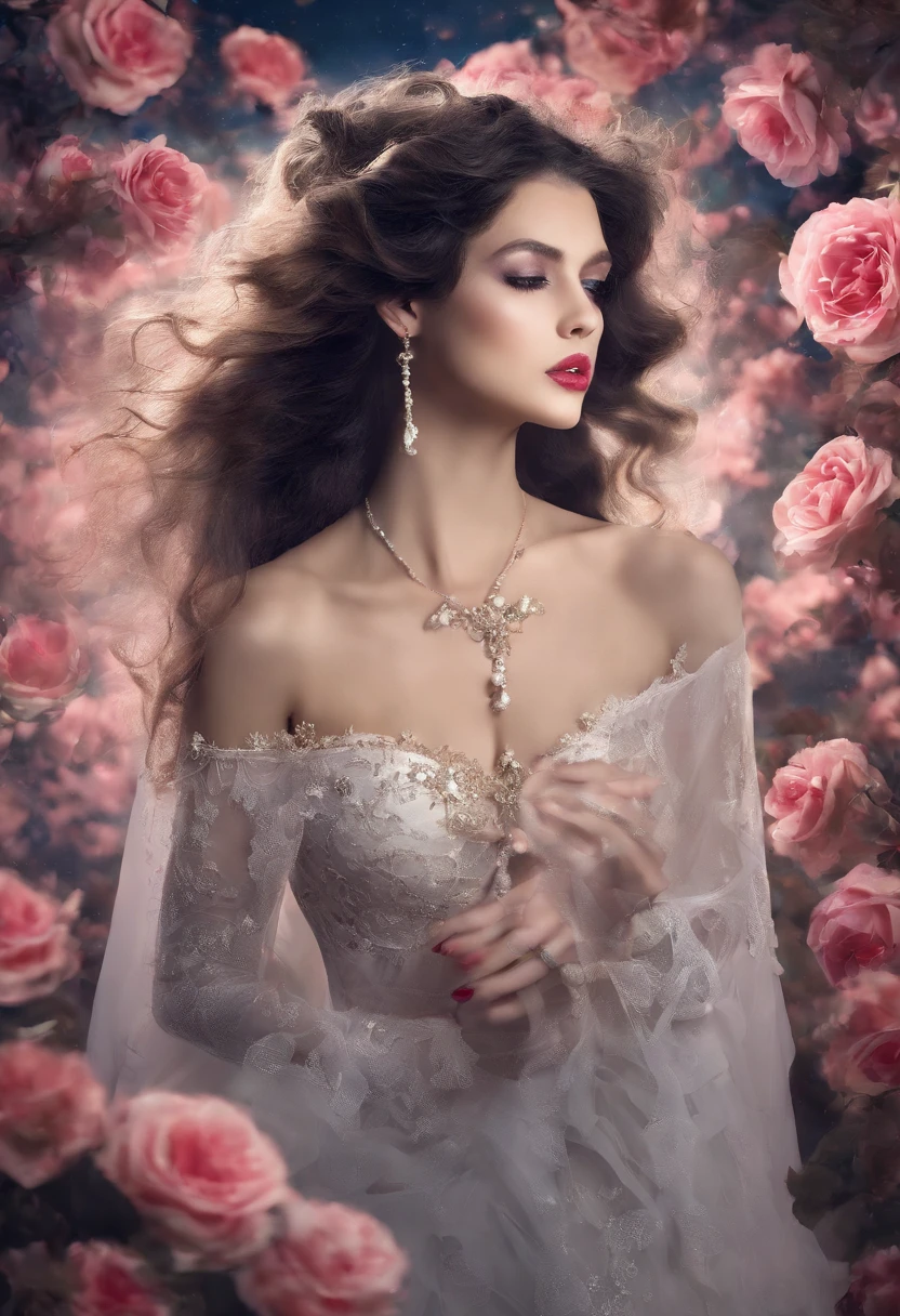 action film, poses elegantes,A Senhora das Sombras, a beautiful female, grandes olhos negros, olhar triste, scarlet lips, pale skin, cabelos pretos longos, fluttering in the wind, vestido escuro com renda em estilo barroco, elegant white gloves on the hands, joias elegantes em roupas e cabelos, Standing in a field of roses, night time, night  sky, lua brilhante enorme, luar frio, olhos de detalhe, Hiqualidade, master part