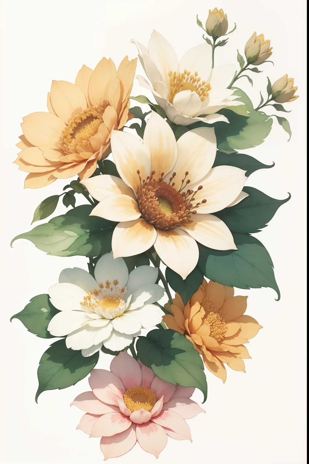 a painting of flowers on a white background with brown leaves, a watercolor painting by Alice Rahon, pinterest, baroque, brown flowers, watercolor painting, watercolor painting style, water color painting, detailed watercolor painting, water color, botanic watercolors, watercolor ink painting, rich aquarel, watercolored.