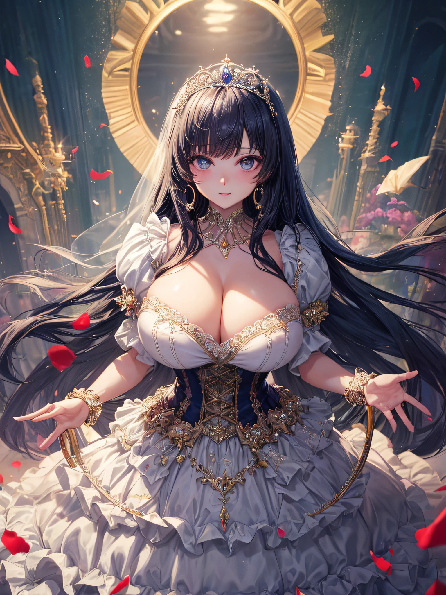 (masterpiece, best quality,extremely detailed:1.1),(moe anime art style:1.2),1girl,((full body)),((solo)), cute, kawaii,digital art,((1 bling-bling anime princess wearing beautiful embroidery and jeweled ruffled gorgeous princess ballgown with voluminous full length hoop skirt)),((crinoline)),long train,voluminous frills,(gorgeous embroidery and beautiful lace),((very gigantic boobs,skindentation)),cleavage,shiny hair,(((very long straight hair))),((finely detailed face and eyes)),clear pupil,extremely gorgeousfull hair ornament,(bling-bling jeweled extremely gorgeousfull tiara),(bling-bling gorgeous gemstone jewelry),long veil,beautiful background,fantasy background,flowers,flower petals flowing,full body,((beautiful embroidery and jeweled ruffled gorgeous princess ballgown with voluminous full length hoop skirt))
