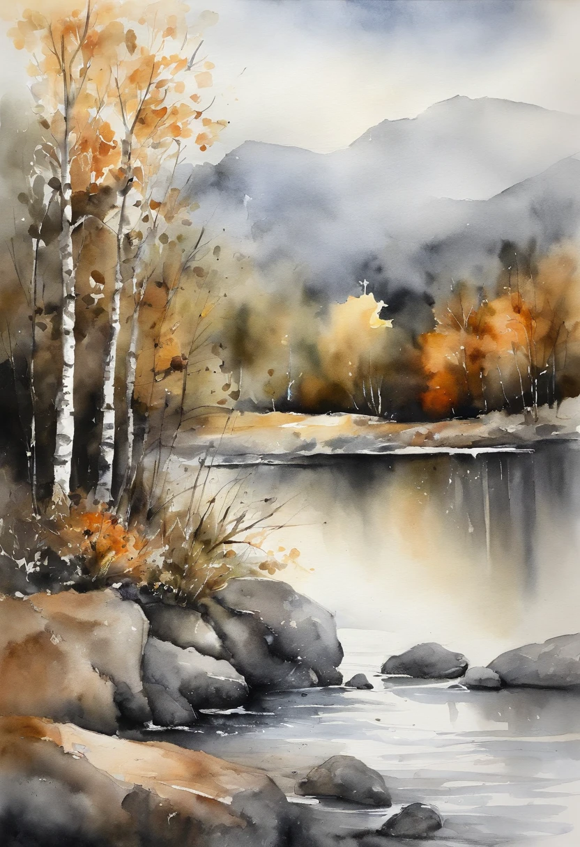 Black and white landscape watercolor