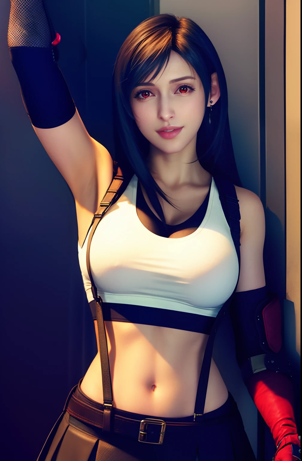 ff7r style, 
tifa lockhart, 1girl, thick lips, arm up, armpits, artist name, belt, black hair, breasts, red eyes, cleavage, closed mouth, collarbone, cowboy shot, crop top, earrings, elbow gloves, elbow pads, gloves, jewelry, large breasts, lips, long hair, low-tied long hair, midriff, navel,   indoors, skirt, smile, solo, stomach, suspenders, tank top, upper body, ((masterpiece))