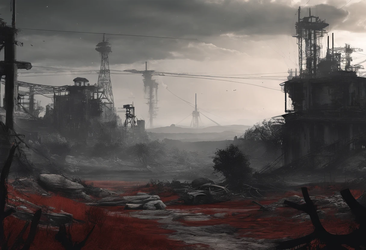 Post-apocalyptic war, tonos de color blanco, negro, Red and rust colors, sobrevivientes, vegetation, sombras, gloomy atmosphere, oscuridad, ((noche)), amplitud de paisaje, portada de un libro