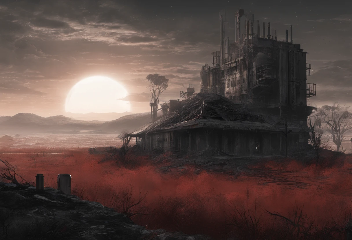 Post-apocalyptic war, tonos de color blanco, negro, Red and rust colors, sobrevivientes, vegetation, sombras, gloomy atmosphere, oscuridad, ((noche)), amplitud de paisaje, portada de un libro
