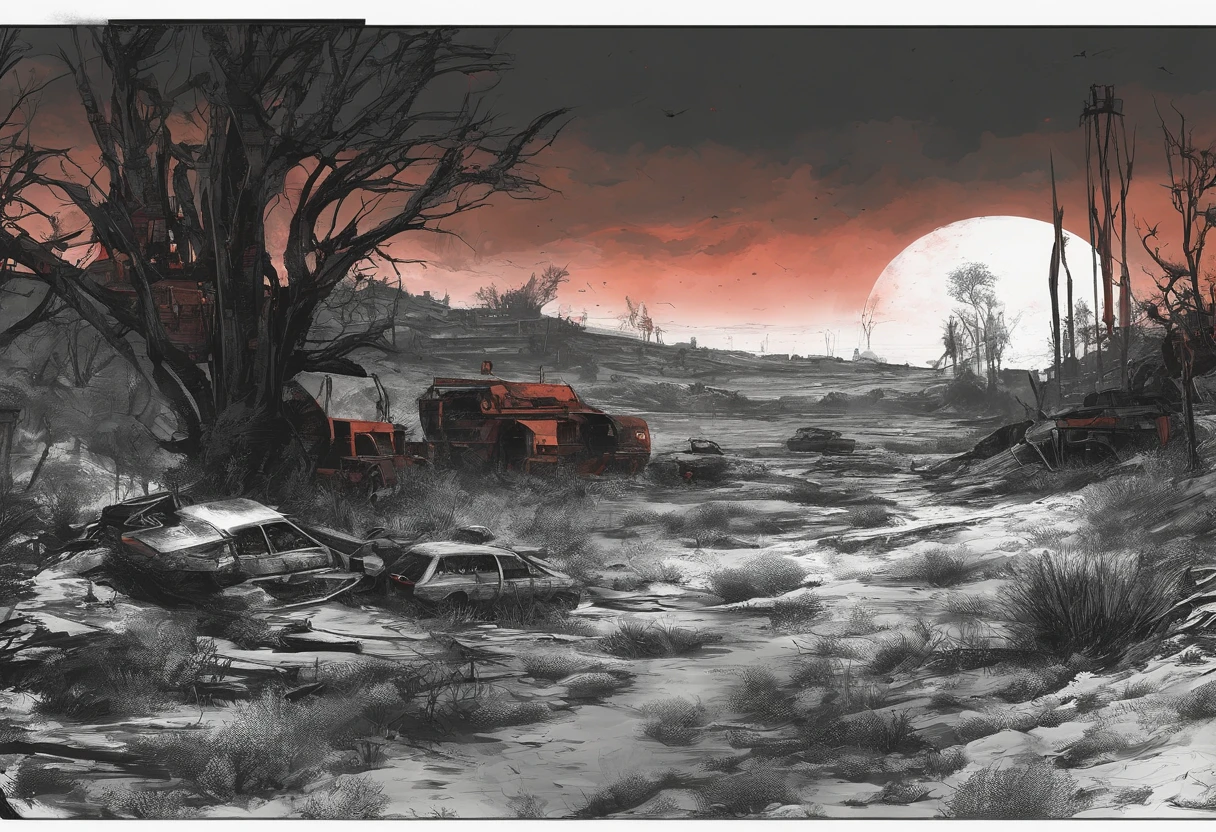 Post-apocalyptic war, tonos de color blanco, negro, Red and rust colors, sobrevivientes, vegetation, sombras, gloomy atmosphere, oscuridad, ((noche)), amplitud de paisaje, portada de un libro