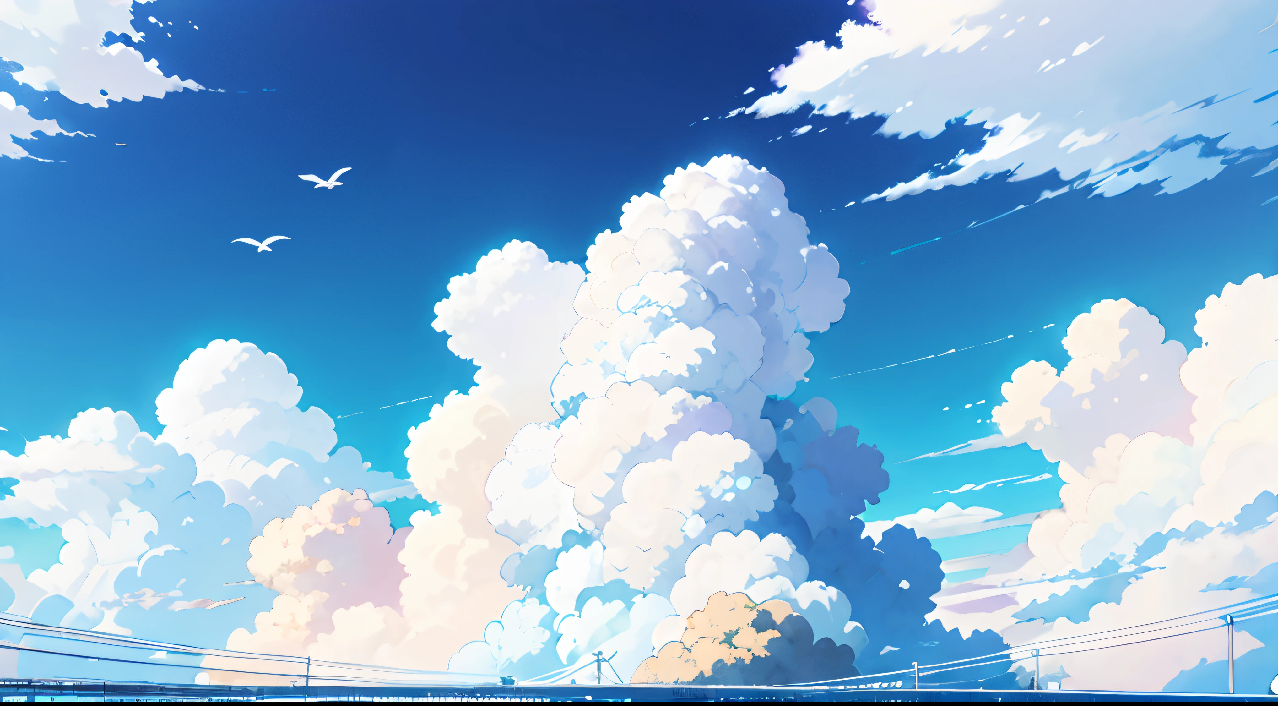 blue sky with bright white clouds, anime style