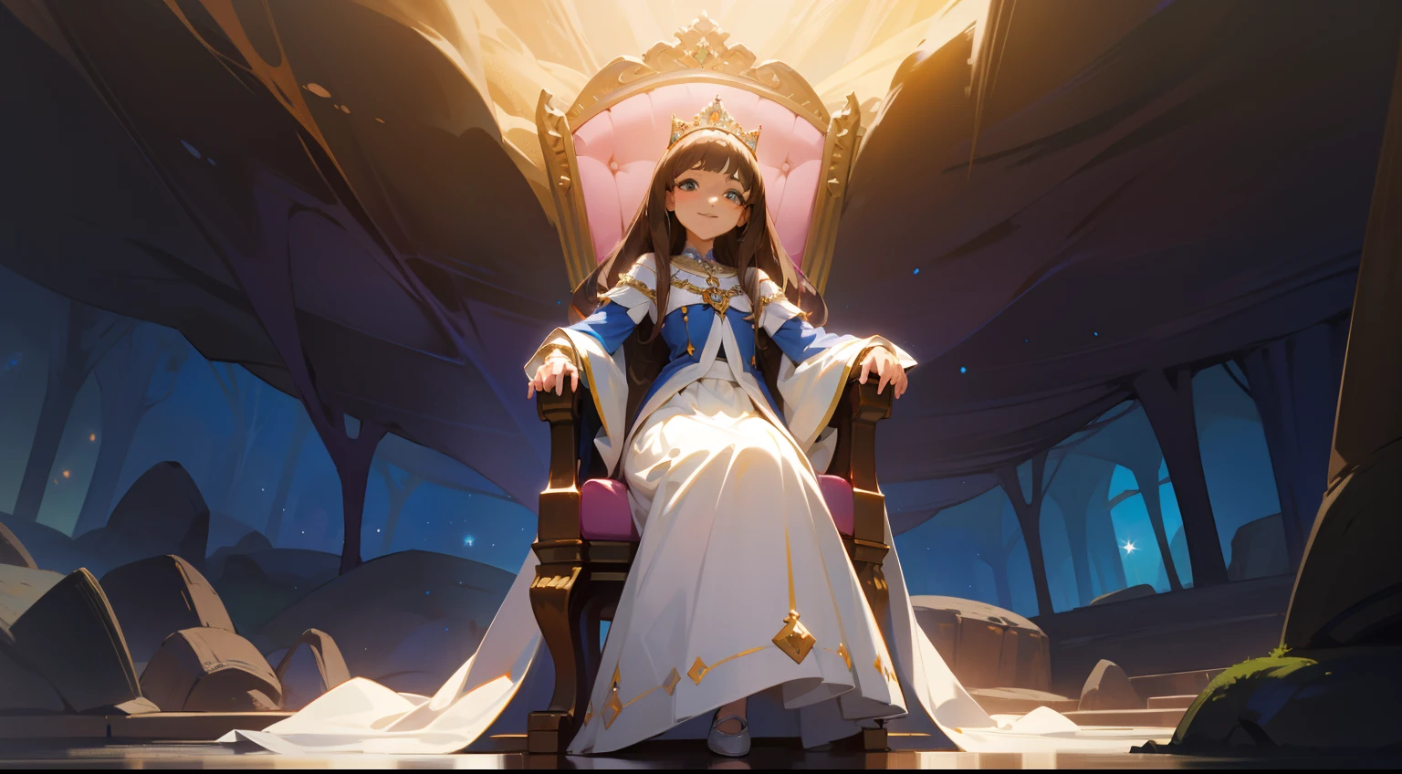 A princess,brunette color hair,whiteskirt,Noble,mature,Lazy,Stretch out,ssmile,sitting on an royal throne,The elbows are supported on the throne armrest,In the cave,Western fantasy,Fairytales,Works of masters,A high resolution,Exquisite facial features