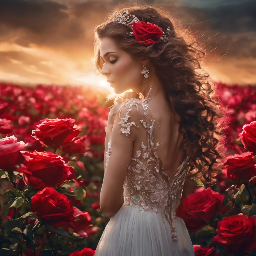 action film, poses elegantes,A Senhora das Sombras, a beautiful female, grandes olhos negros, olhar triste, scarlet lips, pale skin, cabelos pretos longos, fluttering in the wind, vestido escuro com renda em estilo barroco, elegant white gloves on the hands, joias elegantes em roupas e cabelos, Standing in a field of roses, night time, night sky, lua brilhante enorme, luar frio, olhos de detalhe, Hiqualidade, master part