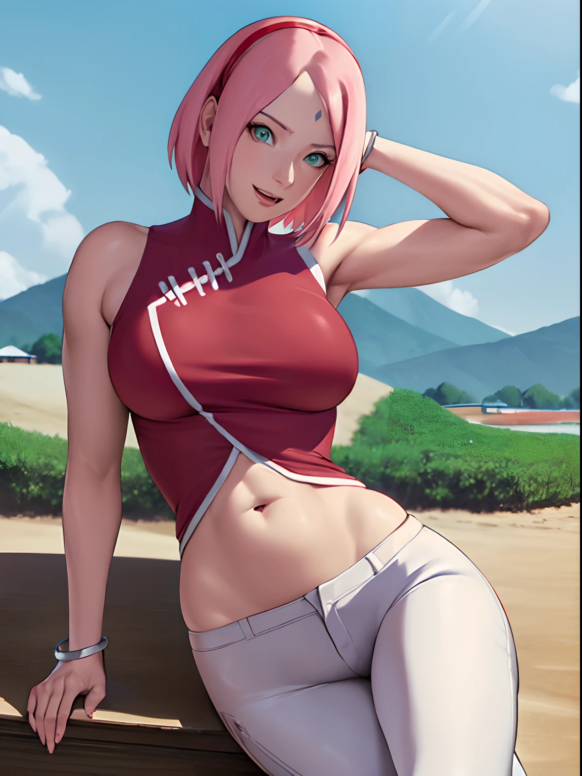 masterpiece, 4k, portrait, cowboy shot, (PLAYGROUND BACKGROUND), professional artwork, intricate details, colorful, digital blending, (ultra detailed body, ultra detail hair, ultra detail face), trending on pixiv, kind smile, best quality, anime style: 1.9, 1girl, hires, haruno sakura, (forehead mark, milf, red hairband, pale skin, (small breasts), short hair, ((red sleeveless dress), white pants), ((navel, belly button), slender body, slender belly, bracelet, pink hair, open mouth, big eyes), smile, beach, wind, floating hair, detailed arms, off-shoulders, broad shoulders, (((both) hands spreading to both sides)), fancy couch, relaxing, laying, talking, looking at the viewer))), (((flexing))), (((ultra detailed arms)))). (((curvy: 1.2)))