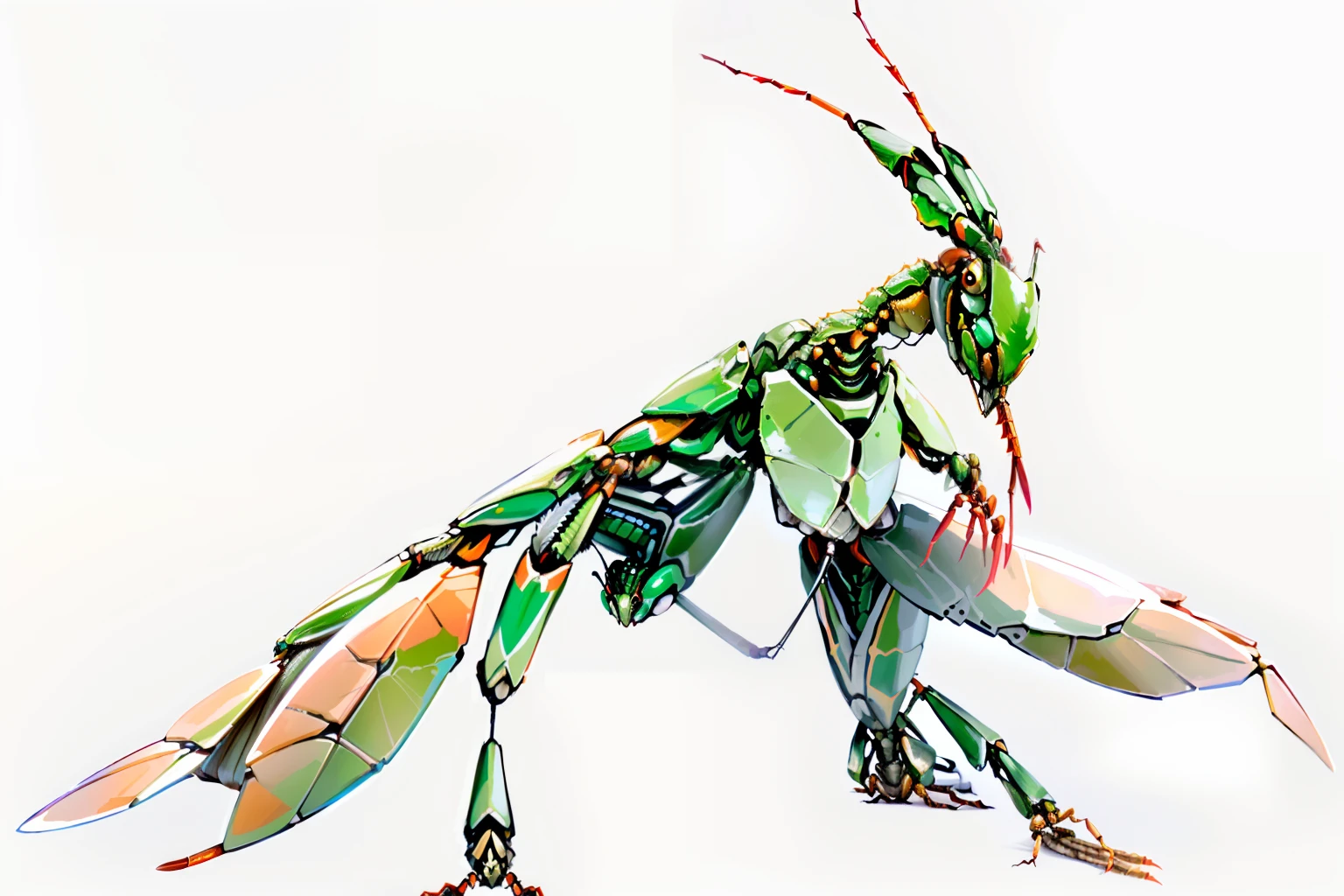 Close up of praying mantis isolated on white background, Features of the praying mantis, anthropomorphic praying mantis, mantis, Locust stick beetle, insectoid, Alien in the shape of a praying mantis, Giant insects, Predatory praying mantis, Weta, insects, praying mantis, Strange giant insects, A hyper-realistic, Full of insect robots