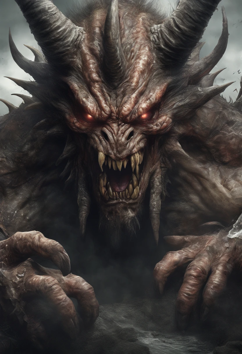 A big mysterious monster like a demon A devastated world