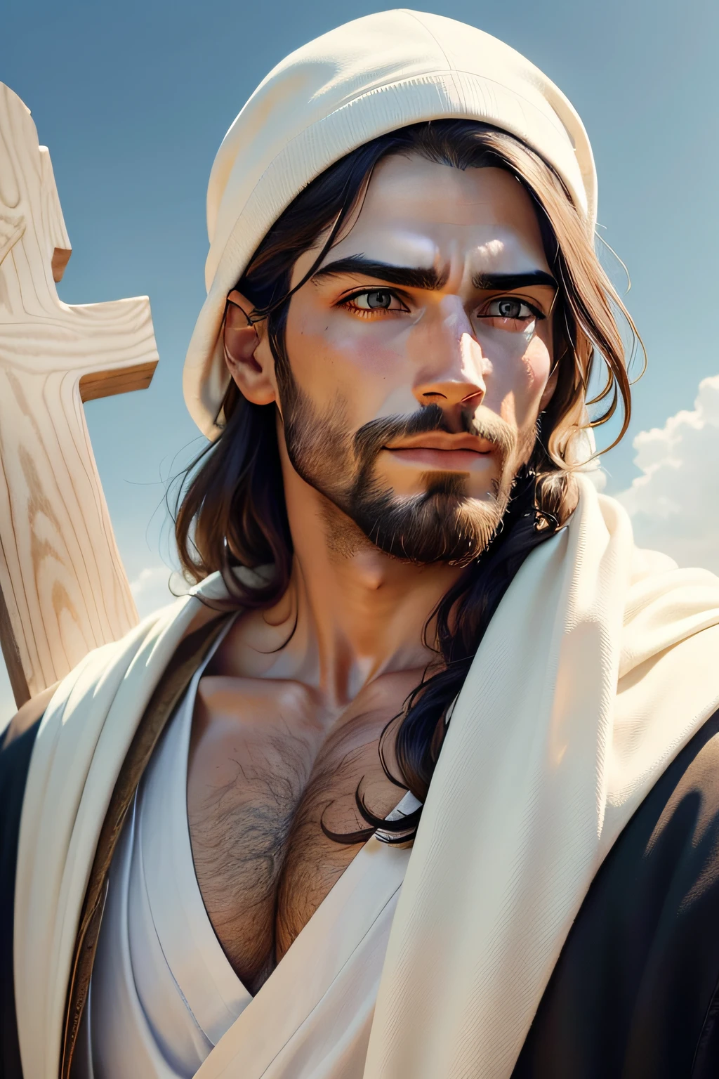 Ele deve ser retratado como um homem jovem, com cabelos longos e escuros e barba. He must be wearing a white robe and carrying a cross. The background should be a clear blue sky with white clouds.
A imagem deve ser realista e detalhada, focusing on Jesus' facial expression. He should look calm and peaceful, with an expression of love and compassion.
A imagem deve ser de alta qualidade, with a resolution of at least 1920x1080 pixels.
This prompt provides specific information about how you would like the image to be created. It describes the appearance of Jesus, The scenery and facial expression. It also specifies that the image should be realistic and detailed, with high resolution.