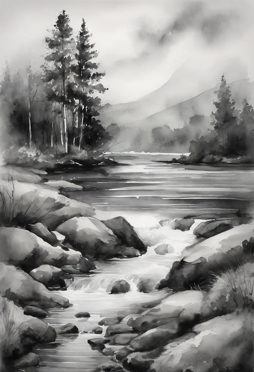 Black and white landscape watercolor