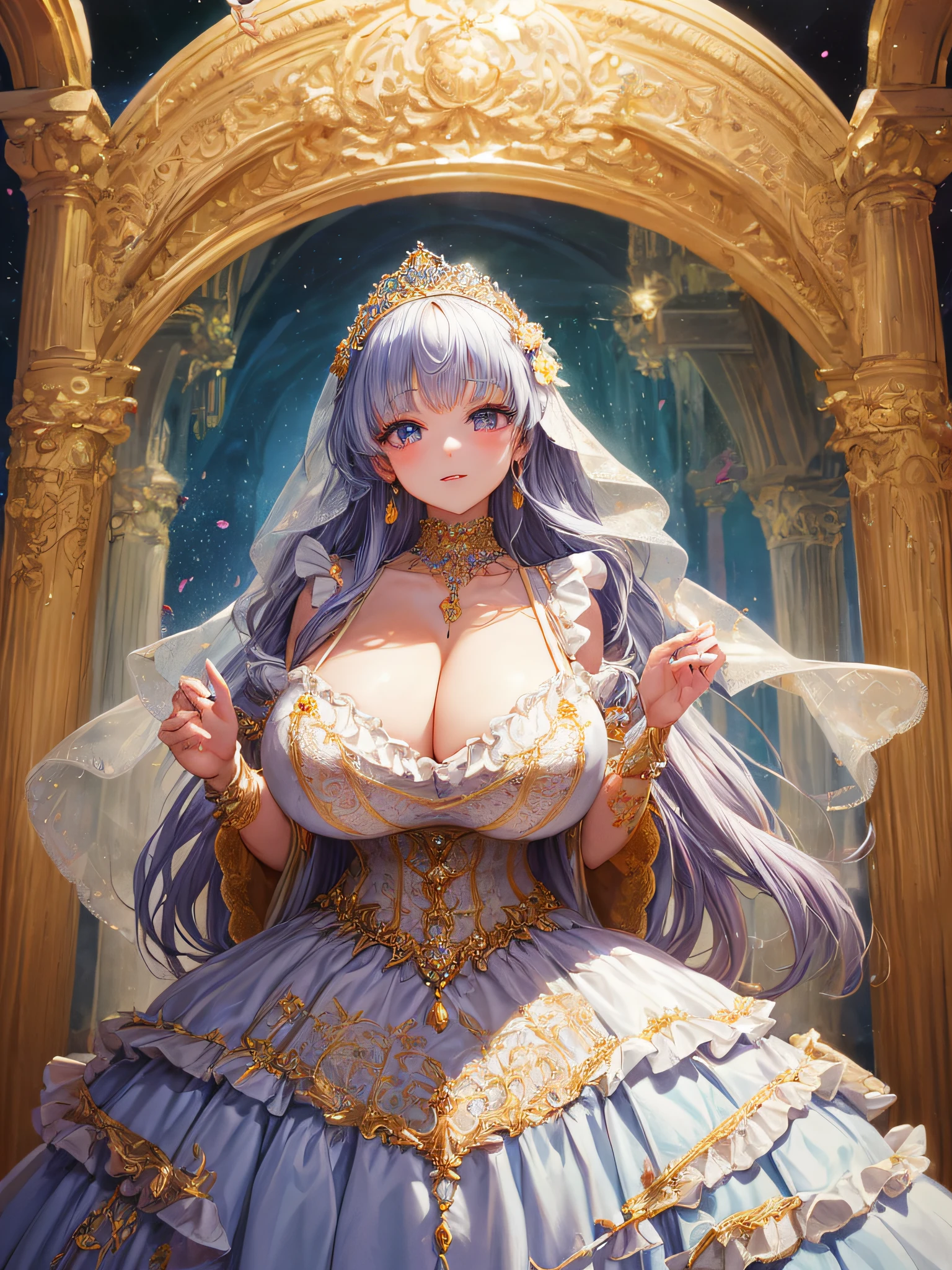 (masterpiece, best quality,extremely detailed:1.1),(moe anime art style:1.2),1girl,((full body)),((solo)), cute, kawaii,digital art,((1 bling-bling anime princess wearing beautiful embroidery and jeweled ruffled gorgeous princess ballgown with voluminous full length hoop skirt)),((crinoline)),long train,voluminous frills,(gorgeous embroidery and beautiful lace),((very gigantic boobs,skindentation)),cleavage,shiny hair,(((very long straight hair))),((finely detailed face and eyes)),clear pupil,extremely gorgeousfull hair ornament,(bling-bling jeweled extremely gorgeousfull tiara),(bling-bling gorgeous gemstone jewelry),long veil,beautiful background,fantasy background,flowers,flower petals flowing,full body,((beautiful embroidery and jeweled ruffled gorgeous princess ballgown with voluminous full length hoop skirt))