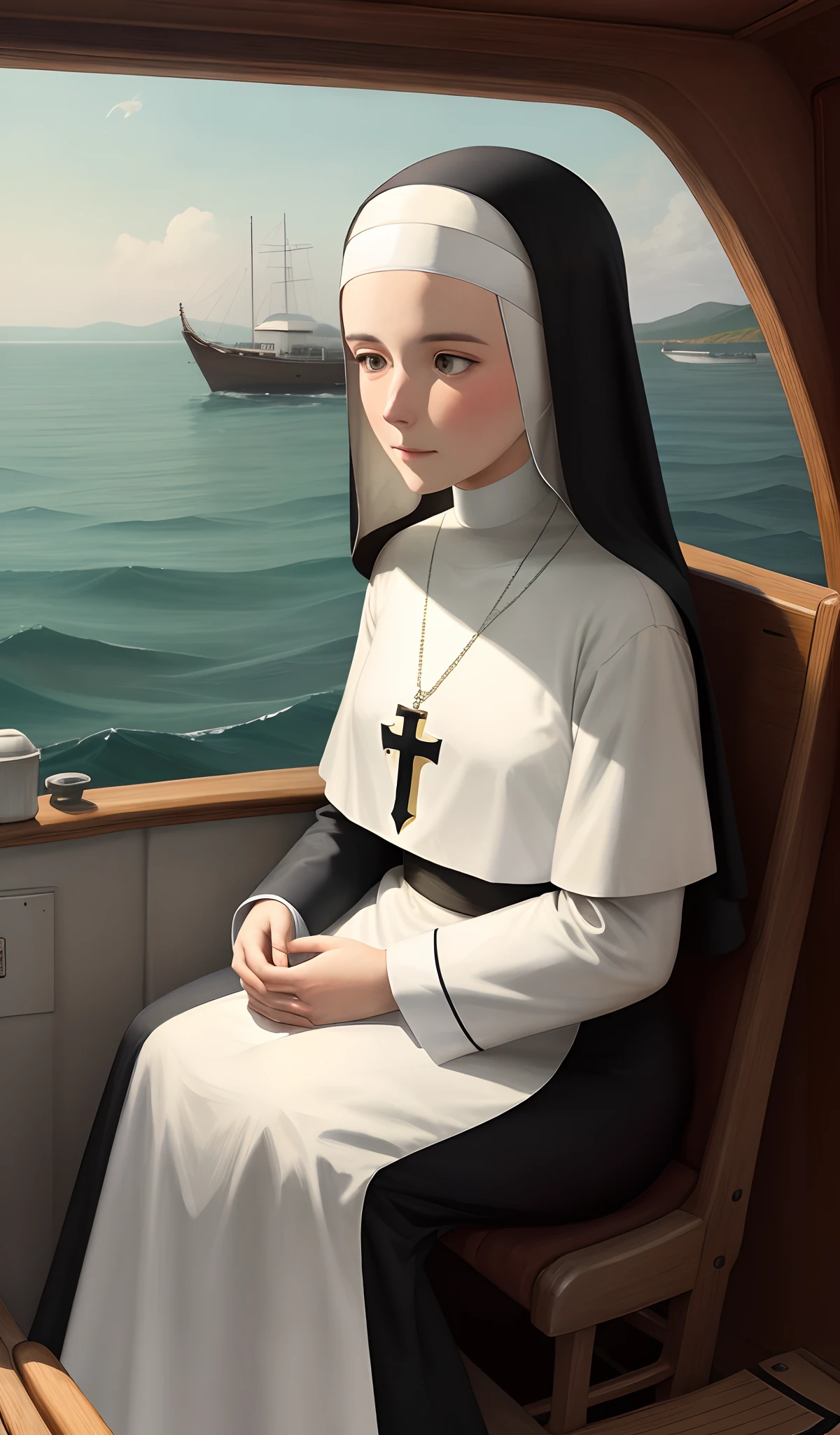 A nun sitting on a boat with a rosary in her hand and looking out over the horizon