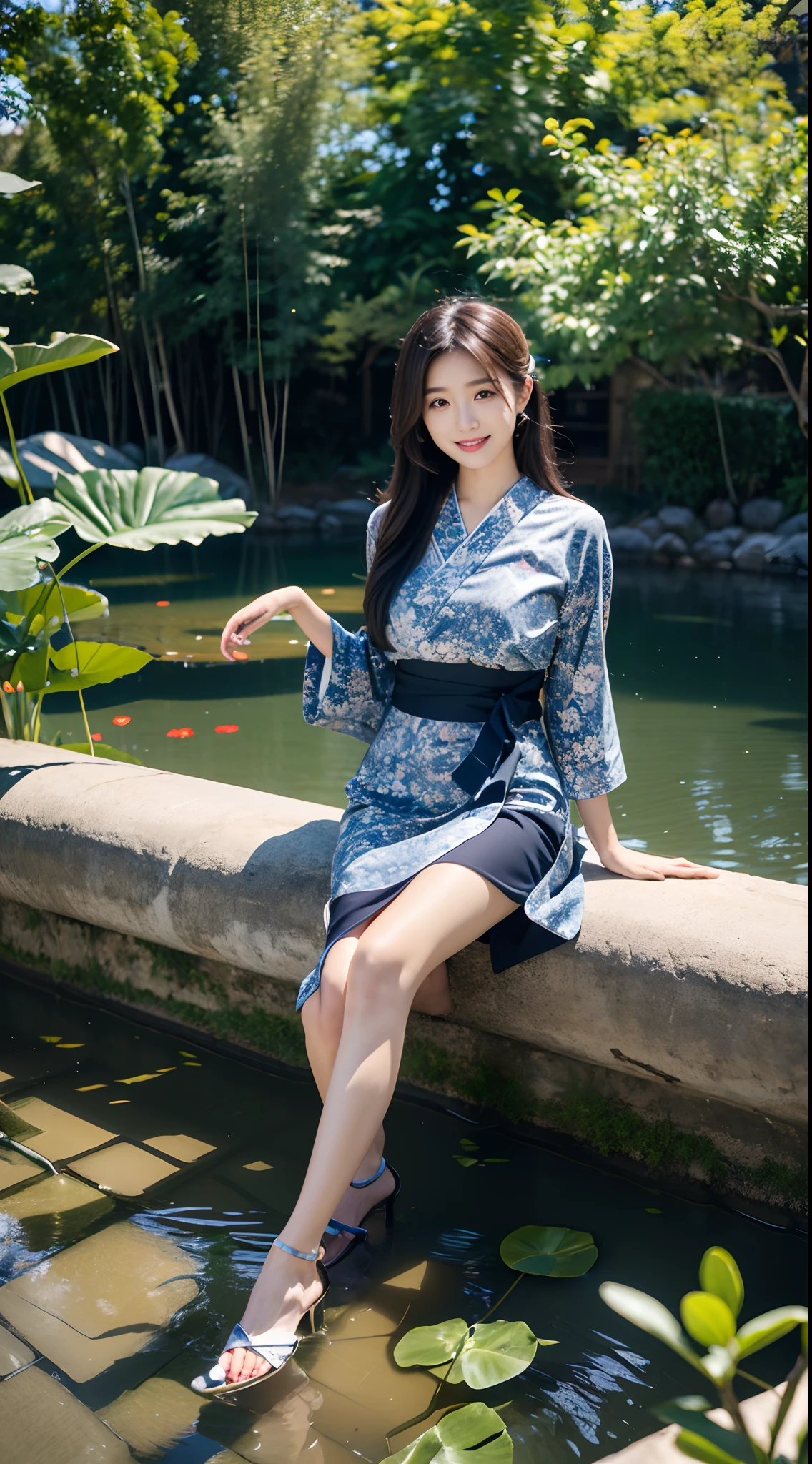 tree, plant, Palm_tree, water, 1girll, flower, pond, Japanese_clothes, Hair_decorations, potted_plant, Hair_flower, Lily_pads, Solo, Sitting, mano, Bamboo, branch, Lake, White_komono, River, day, sash, Looking_at_peeping at the viewer, Grass, Bush, bridge, Obi, Wide_Sleeves, Smile, Long_Hair, leafs, Breasts，full bodyesbian，in a panoramic view，High heels