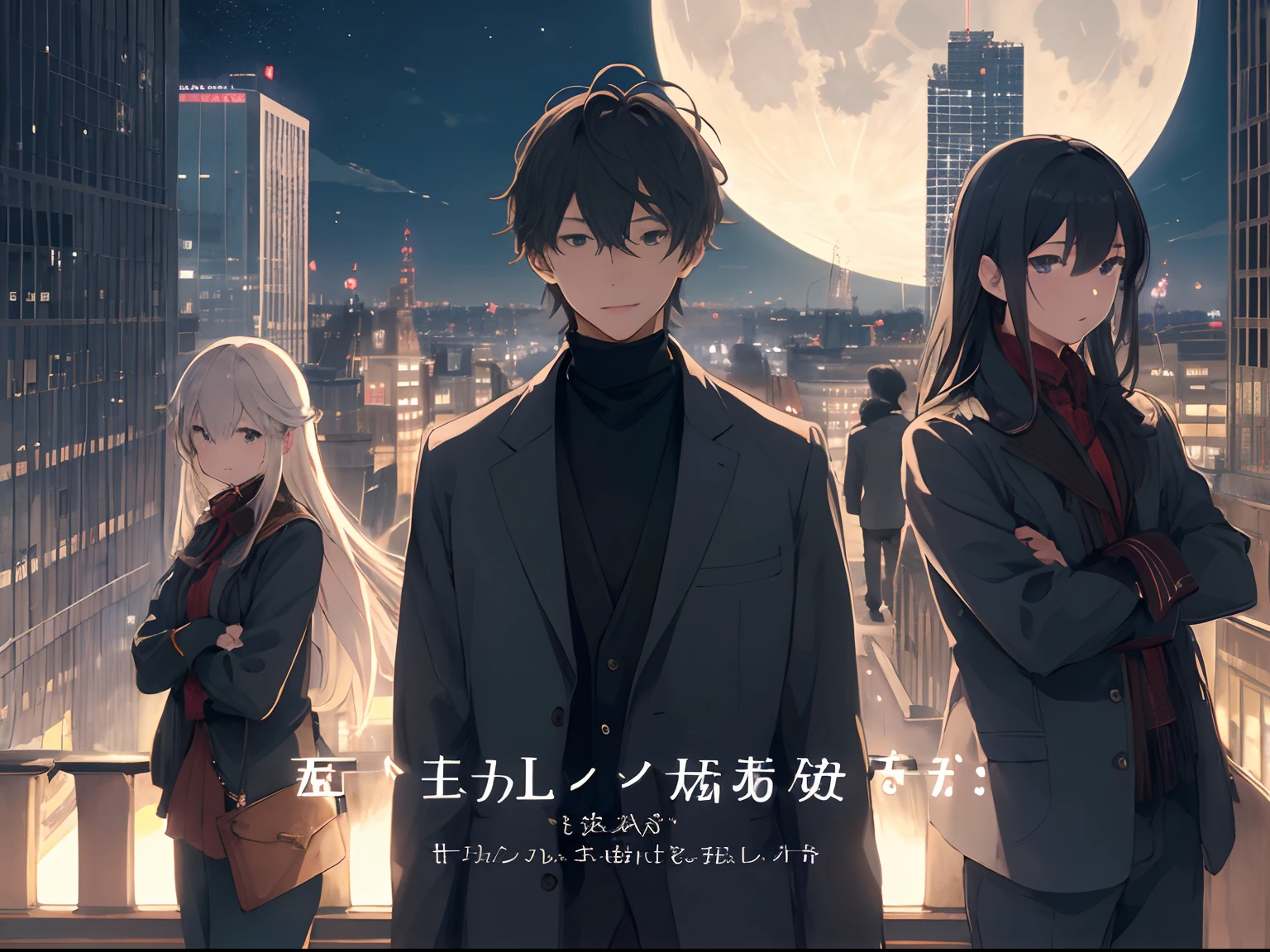 (masterpiece、top-quality、hightquality)、4 men、Adult male、Multiple people、nighttime scene、Man Standing On The Rooftop Of A Building、line up、Look up at people、natta、perpetrator、dynamic ungle、full bodyesbian、highrise buildings、Contemporary buildings、animesque、cover page、team、in group photograph、Crescent moon and night sky、name、Four people