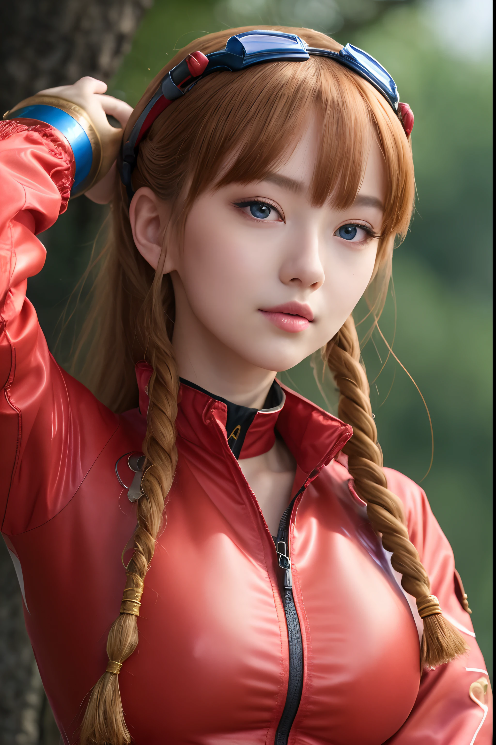 (8k, best quality, masterpiece:1.2), ultra-detailed, Masterpiece, realistic lighting,masterpiece, best quality, masterpiece, official art,extremely detailed CG unity 8k wallpaper,beautiful detailed eyes, light on face, 1girl, Asuka,Upper body, breasts, pilot_suit, plugsuit, red_jacket, windbreaker, gloves, bandage, hair_ornament, bracer,