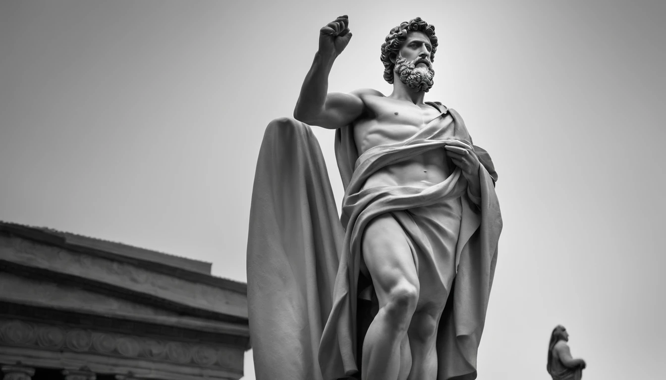 a full-length statue, forte,sem camisa, Marcus Aurelius muscle stoic in black and white 4K,Face de lado, papel de parede super realista